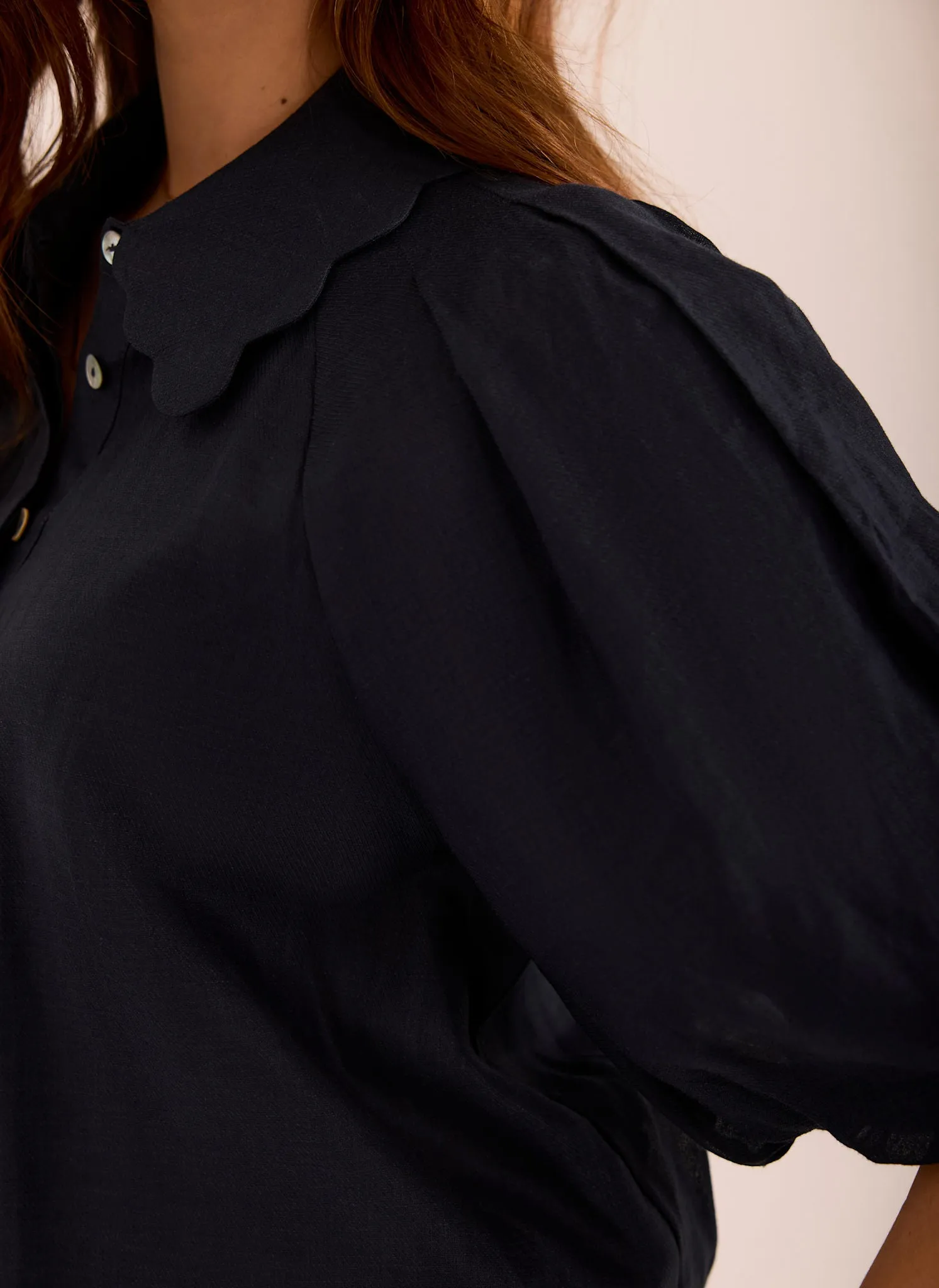 Navy Ramie Scallop Puff Sleeve Shirt sold by Mint Velvet product image thumbnail 3