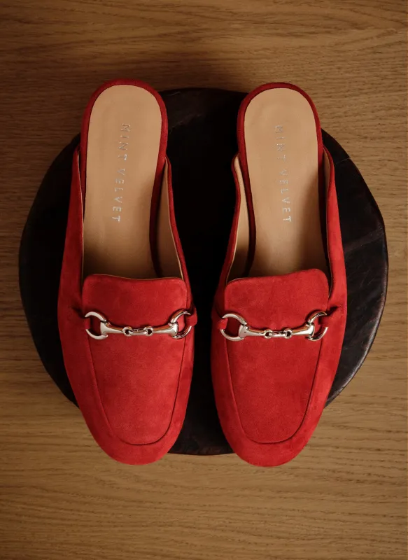 Faye Red Suede Backless Loafers made by Mint Velvet