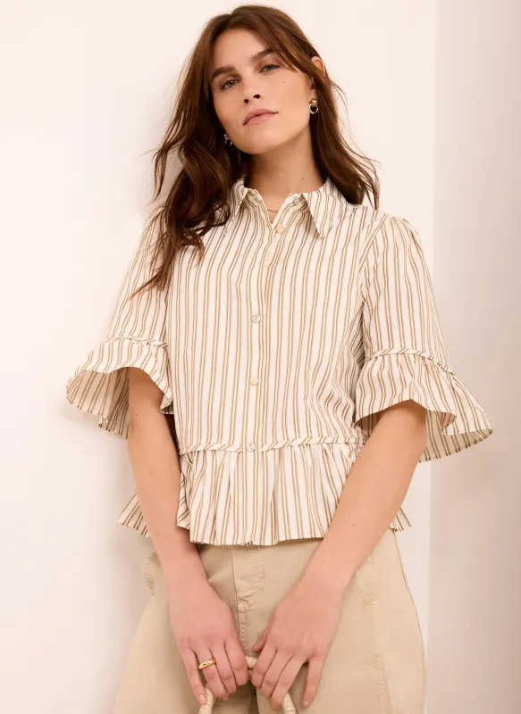 Neutral Striped Ruffle Trim Shirt sold by Mint Velvet