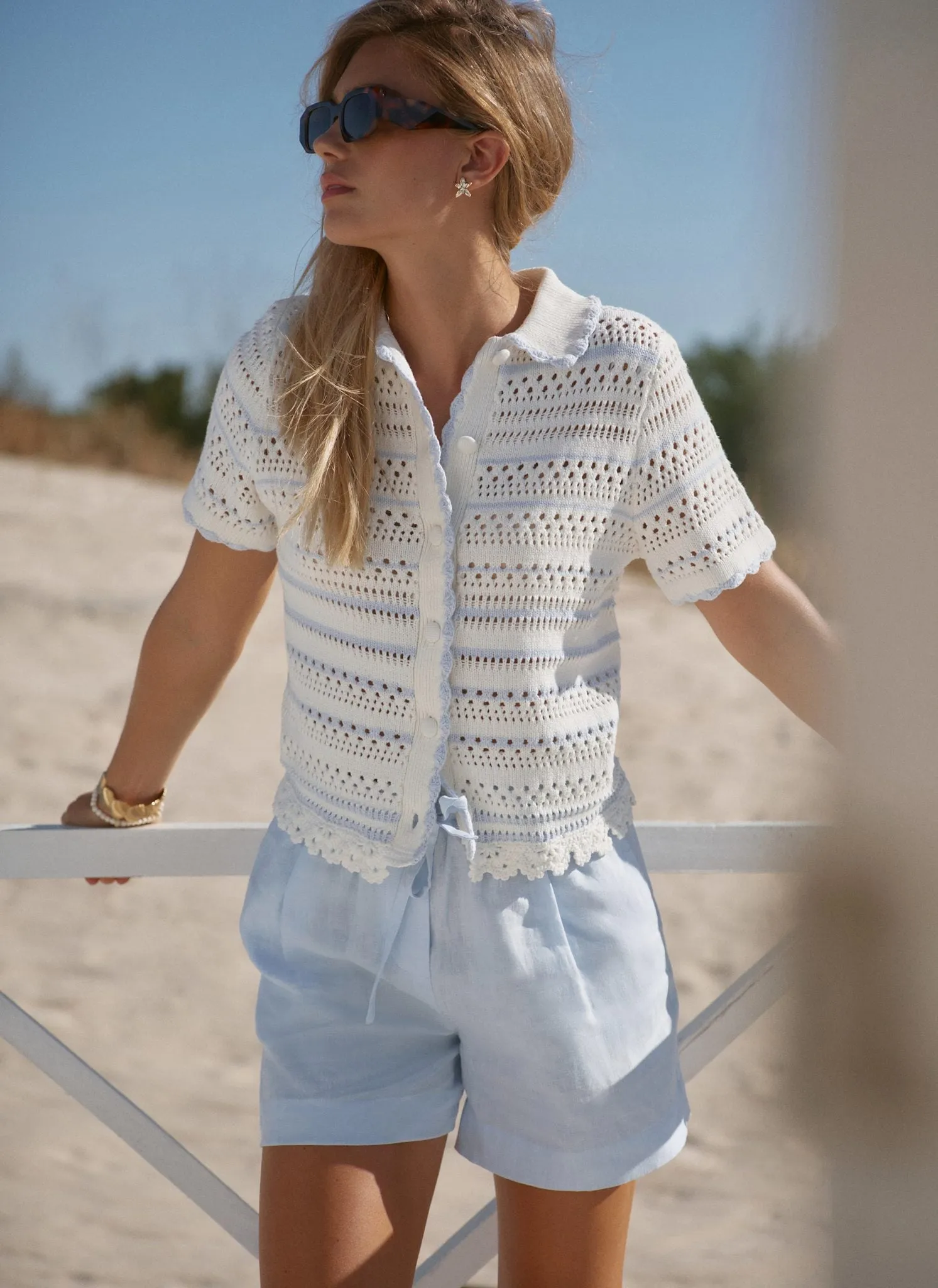 Cream Cotton Blend Stripe Crochet Top sold by Mint Velvet