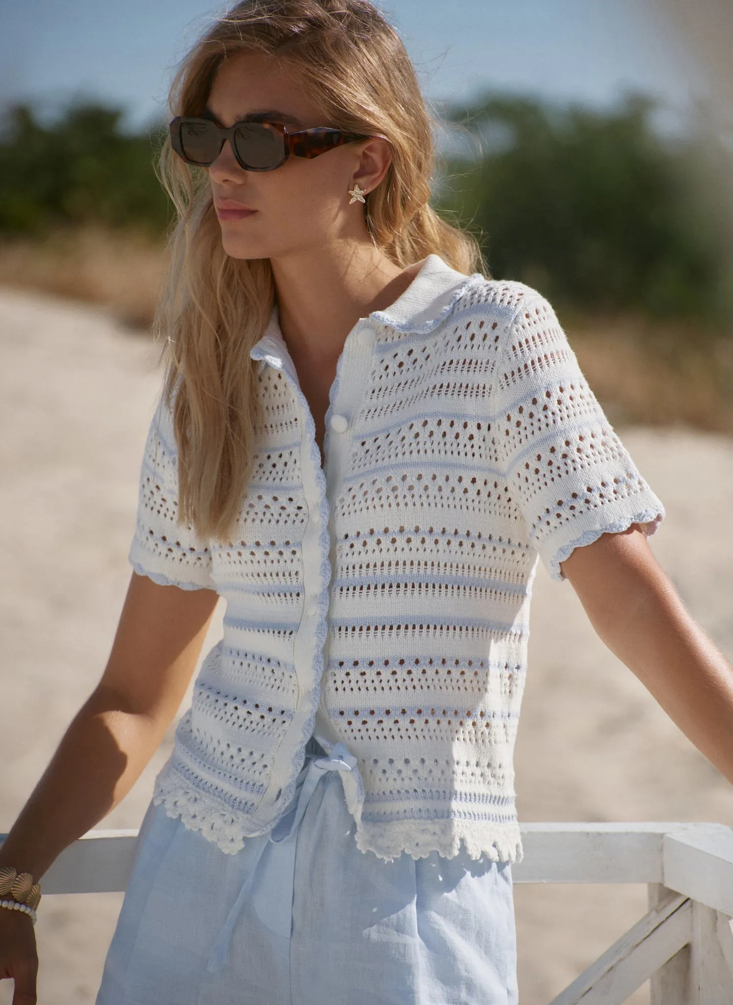 Cream Cotton Blend Stripe Crochet Top sold by Mint Velvet product image thumbnail 2