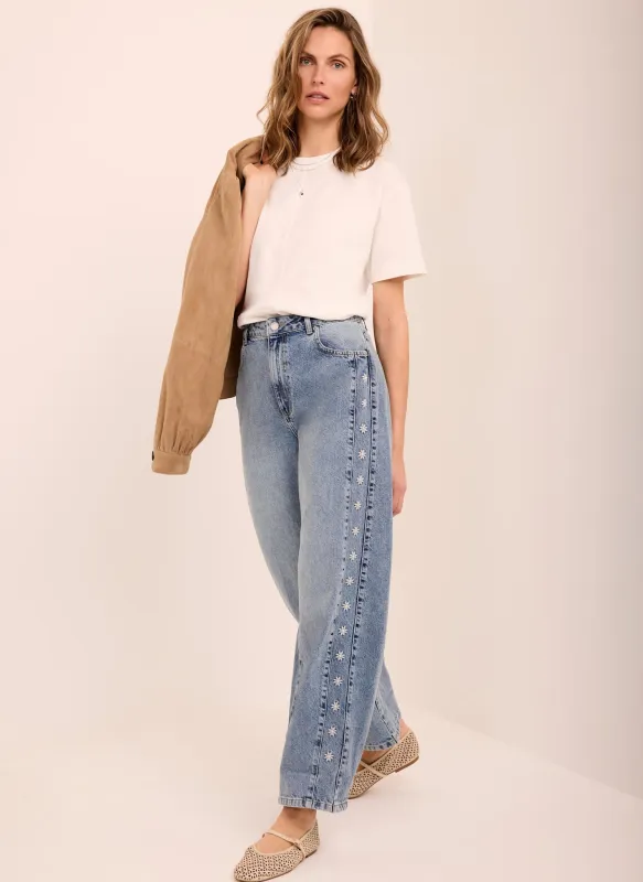 Mid Indigo Floral Embroidered Tapered Jeans made by Mint Velvet