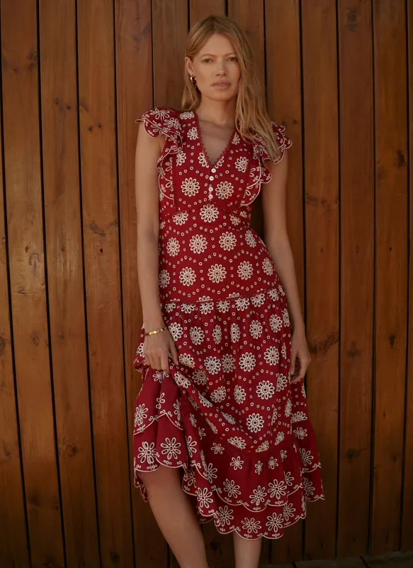 Red Cotton Broderie Midi Dress made by Mint Velvet