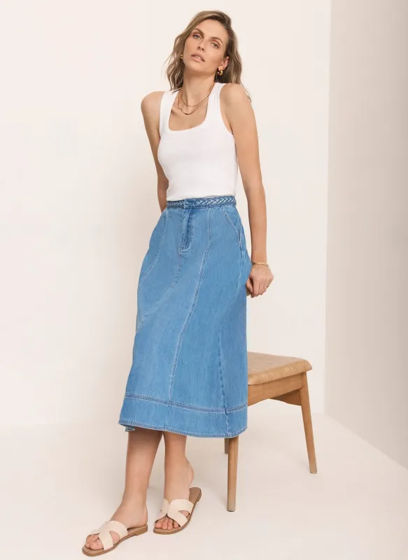 Mid Indigo Plait Detail Denim Midi Skirt sold by Mint Velvet