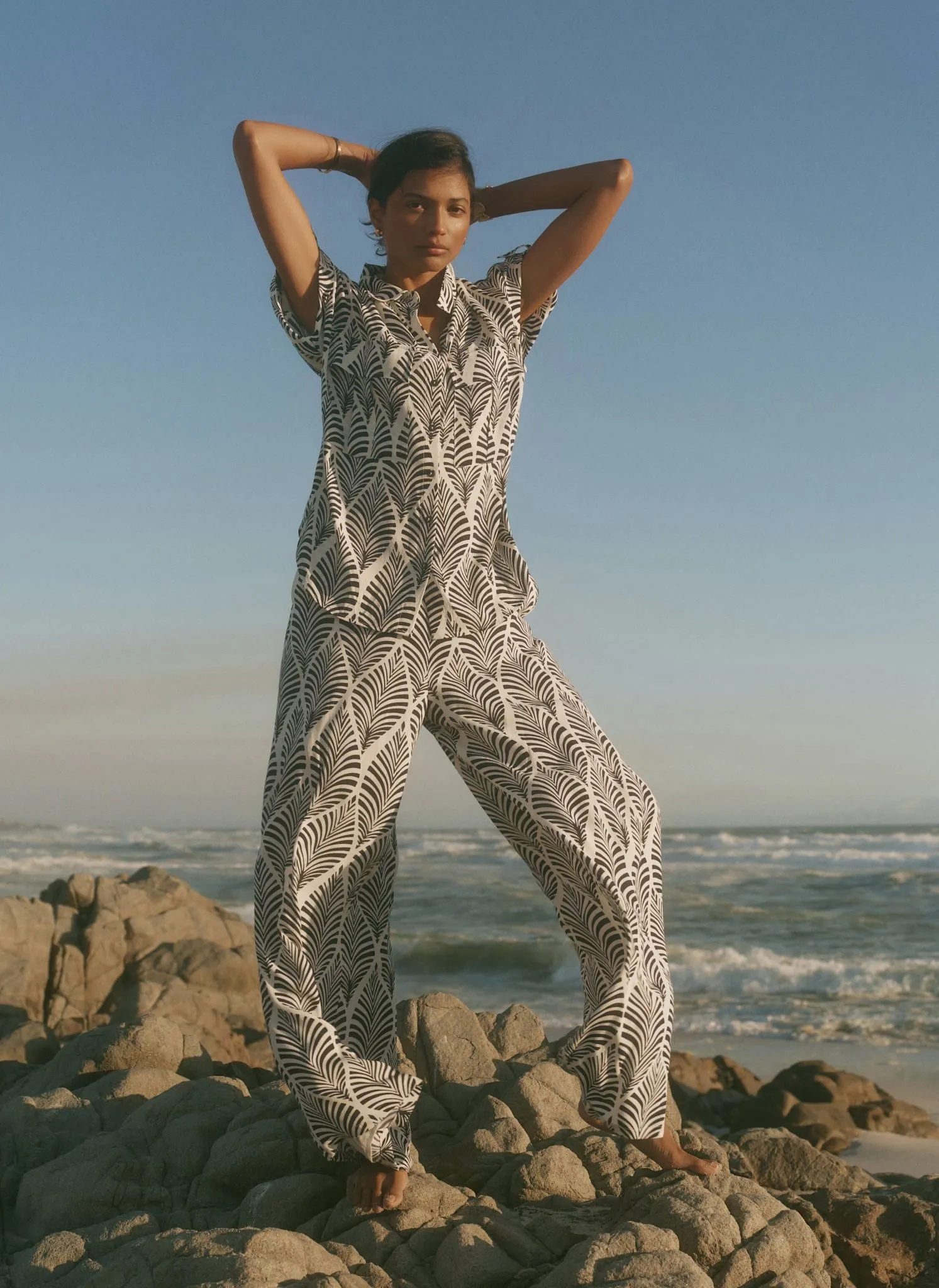 Navy Leaf Print Wide Leg Trousers sold by Mint Velvet