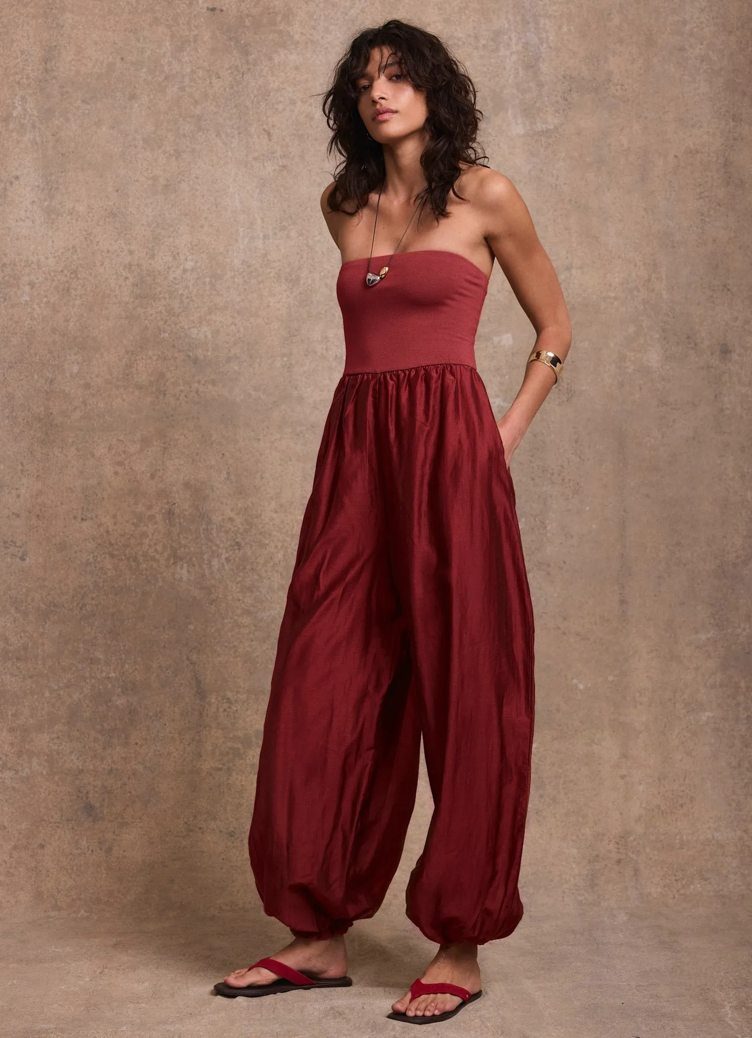 Red Bandeau Balloon Jumpsuit sold by Mint Velvet
