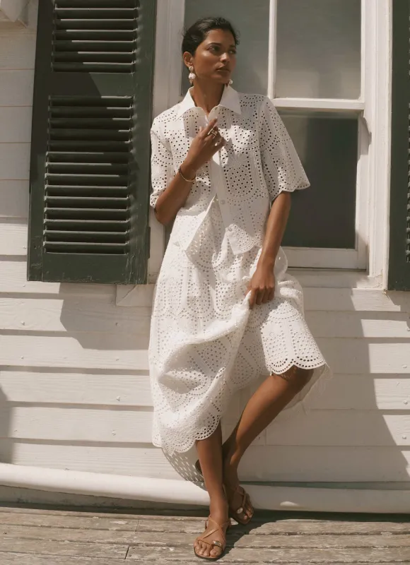 White Cotton Broderie Midi Skirt made by Mint Velvet