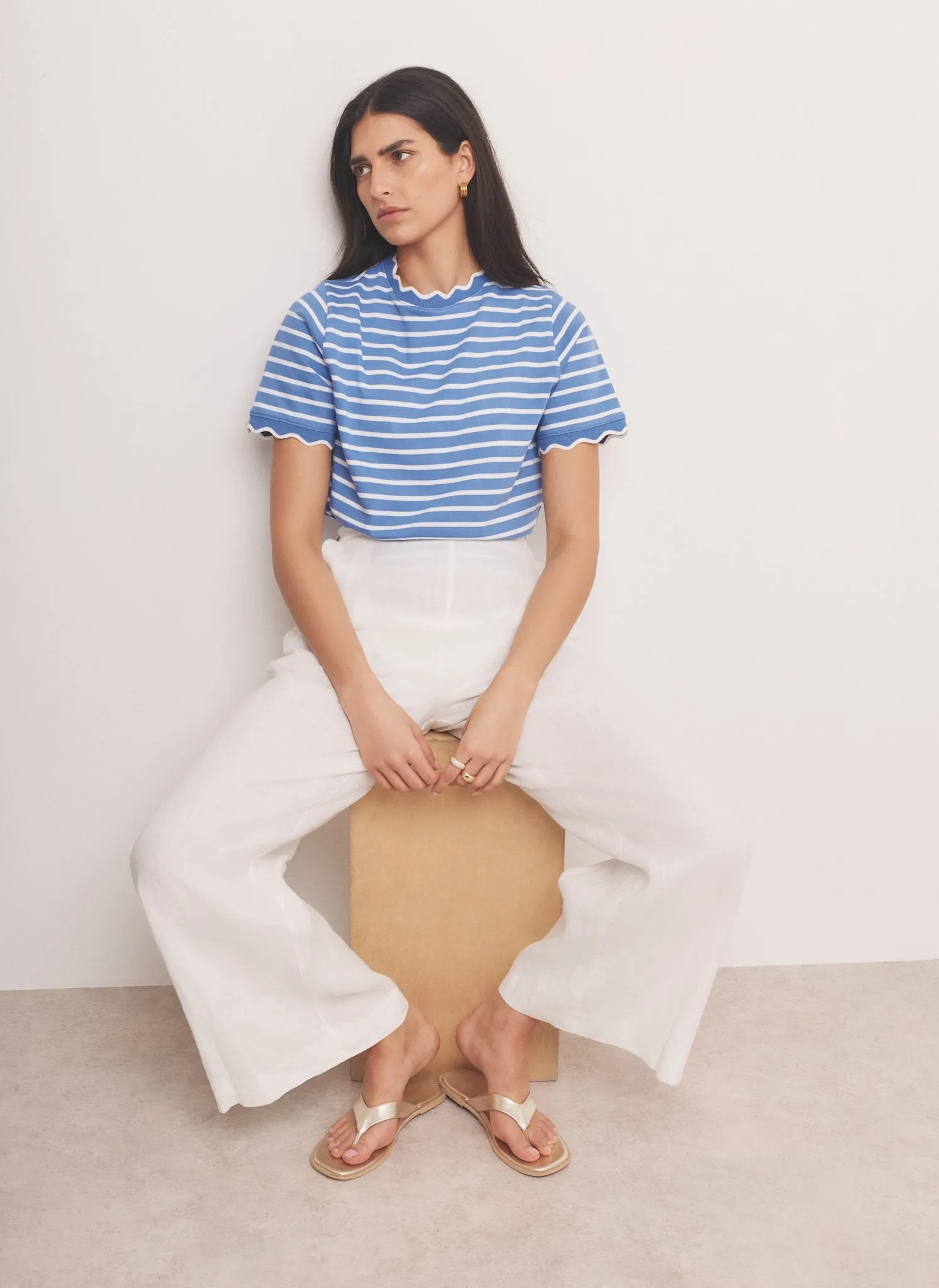 Blue Cotton Striped Scallop T-Shirt sold by Mint Velvet product image thumbnail 4