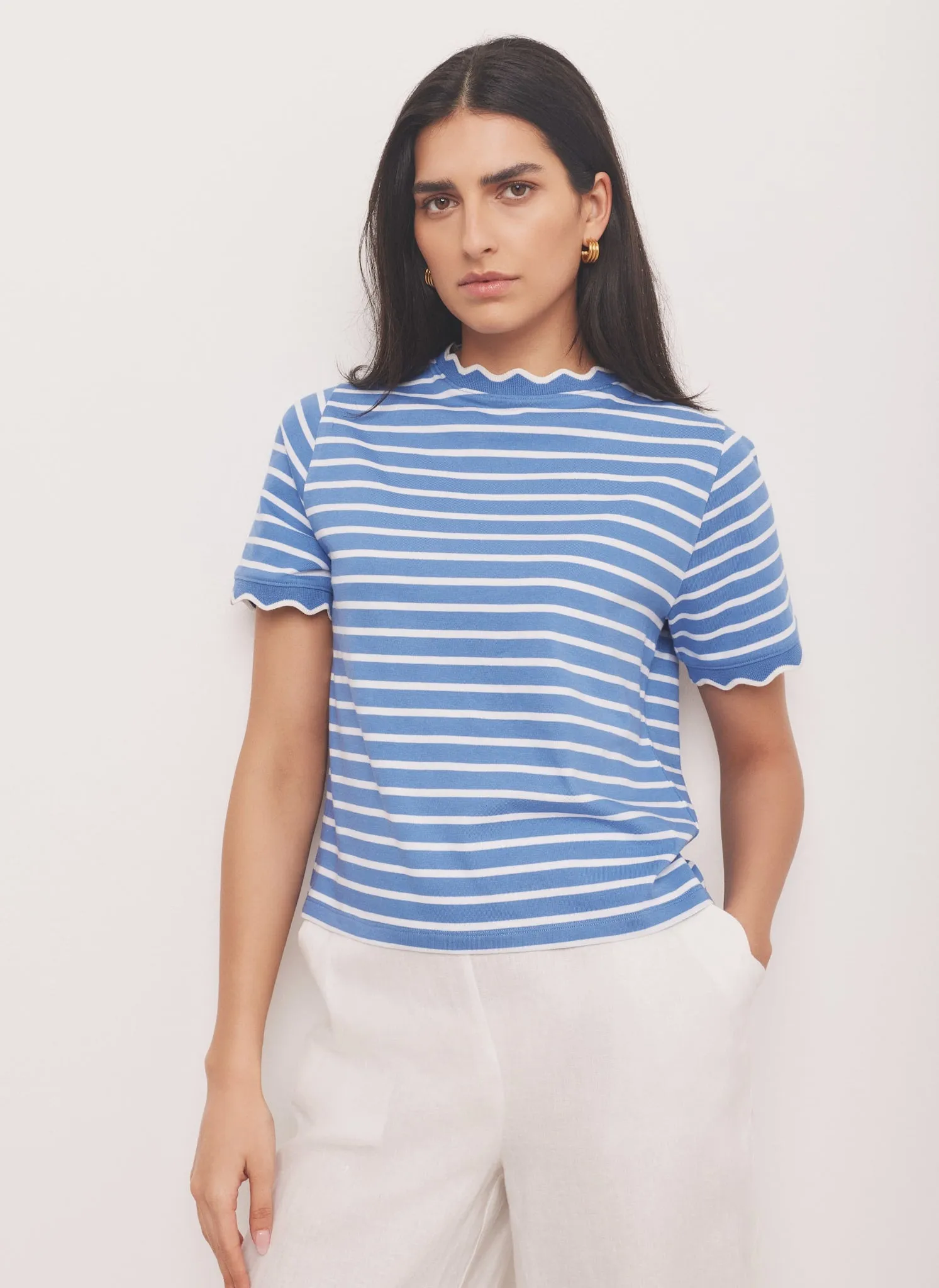 Blue Cotton Striped Scallop T-Shirt sold by Mint Velvet product image thumbnail 3