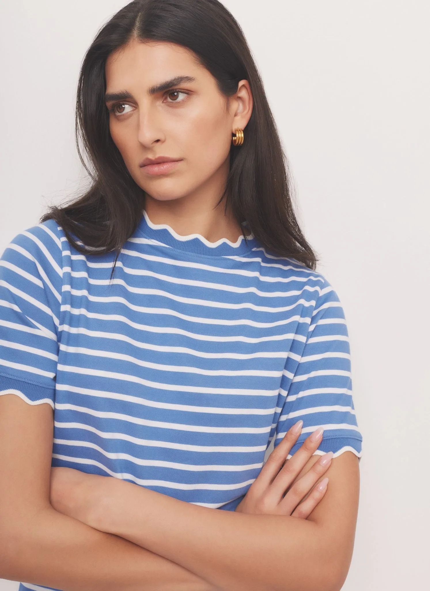 Blue Cotton Striped Scallop T-Shirt sold by Mint Velvet product image thumbnail 2