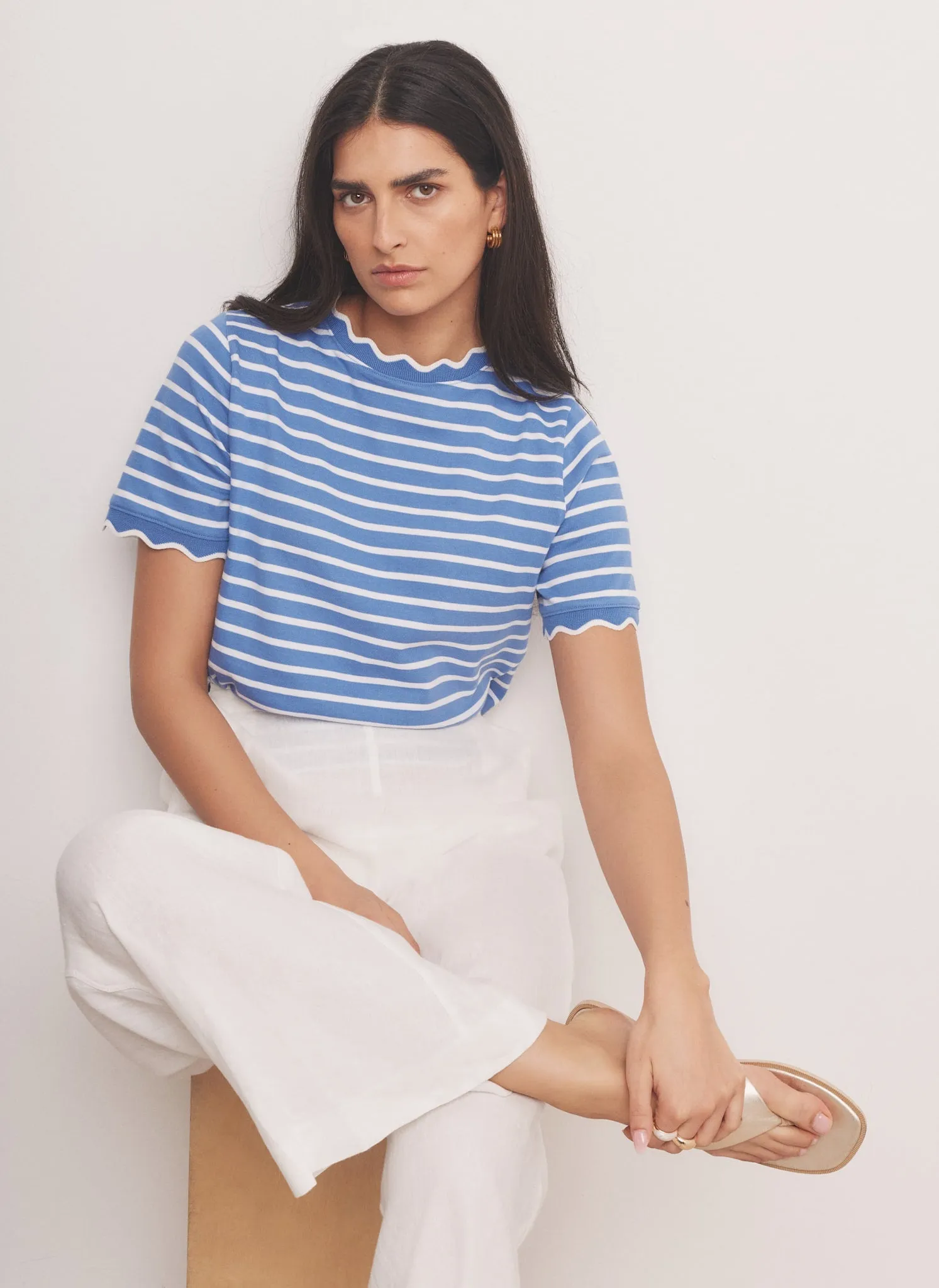 Blue Cotton Striped Scallop T-Shirt sold by Mint Velvet