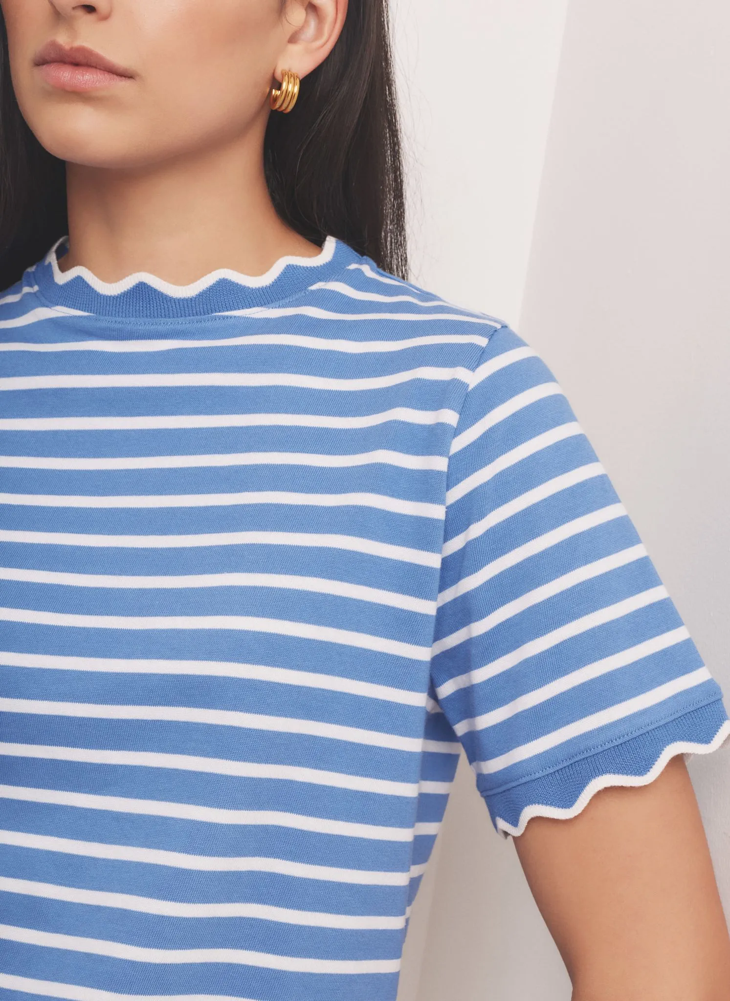 Blue Cotton Striped Scallop T-Shirt sold by Mint Velvet product image thumbnail 5