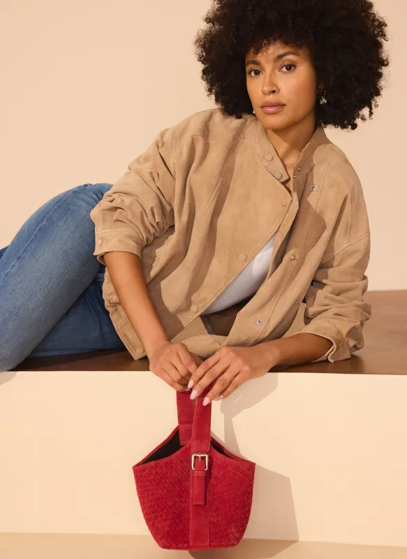 Lola Red Suede Woven Bucket Bag made by Mint Velvet