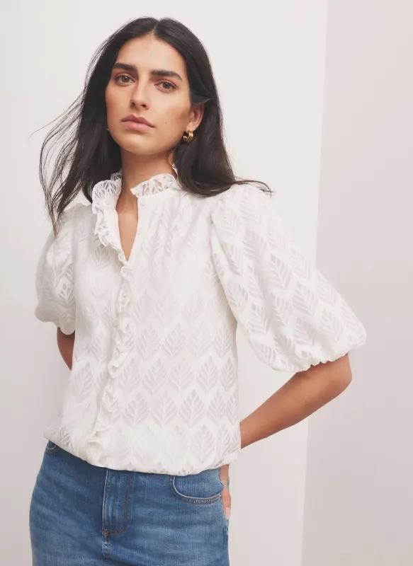 White Jacquard Ruffle Blouse made by Mint Velvet