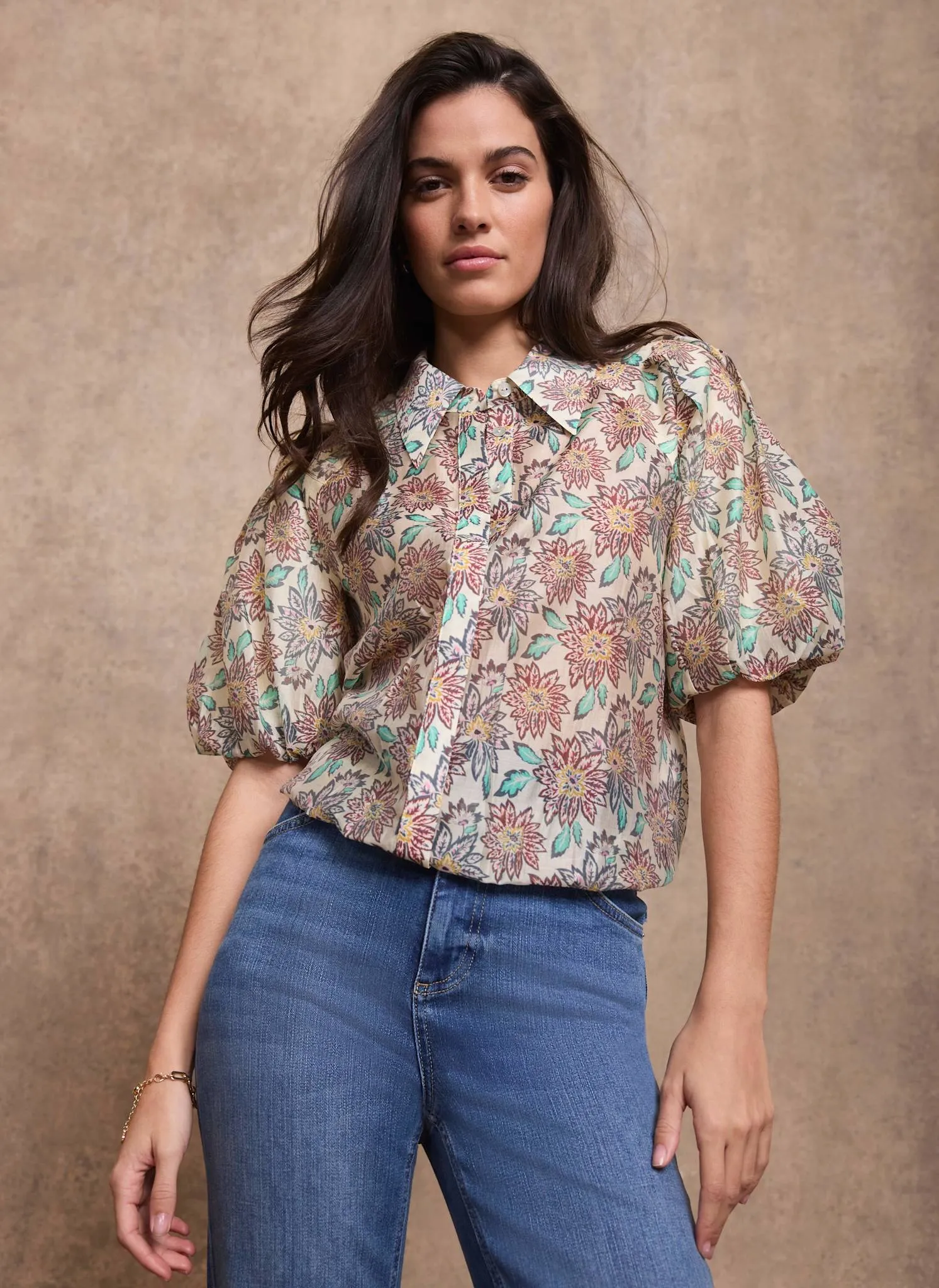 Green Floral Print Puff Sleeve Shirt sold by Mint Velvet