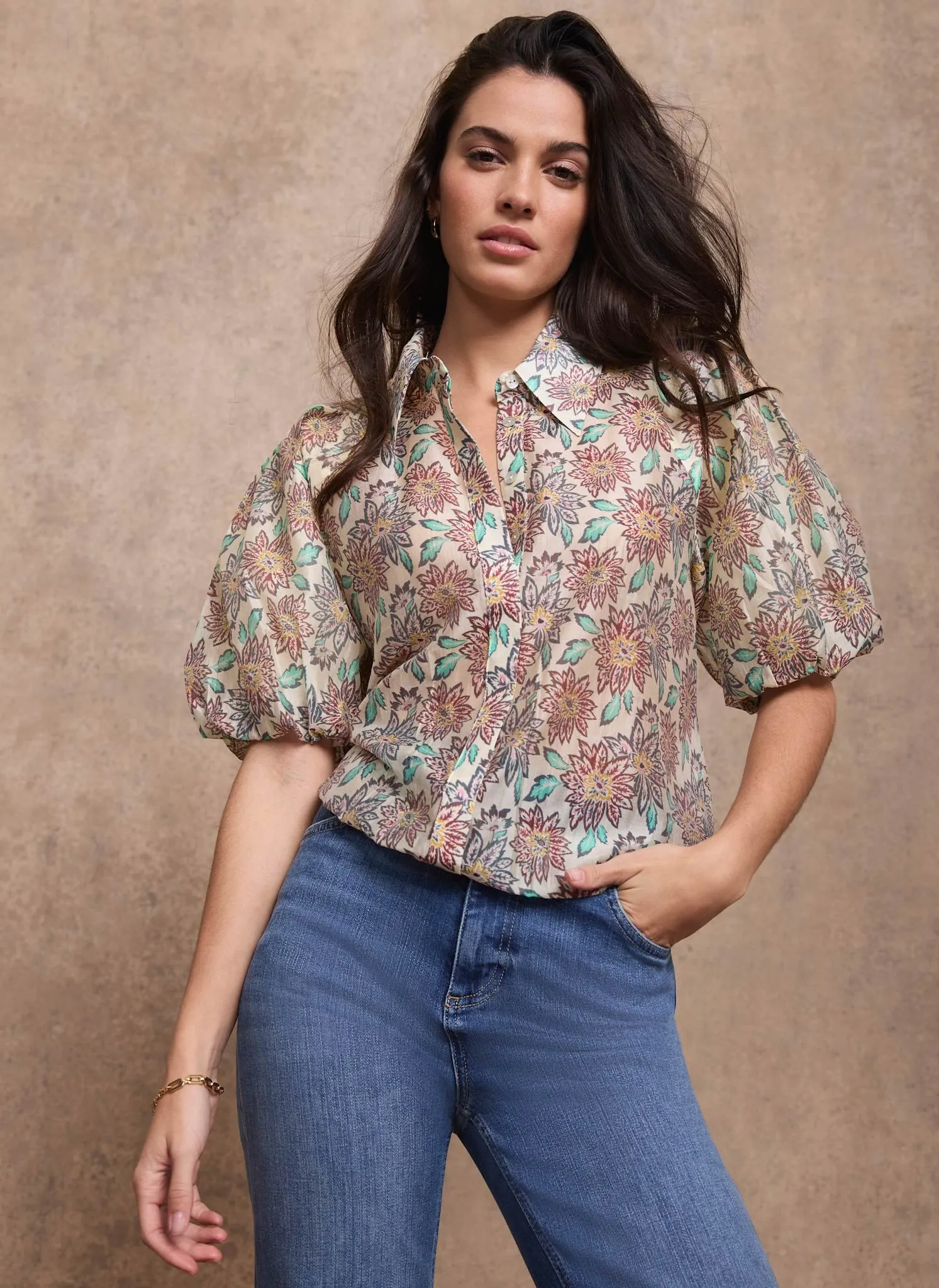 Green Floral Print Puff Sleeve Shirt sold by Mint Velvet product image thumbnail 3