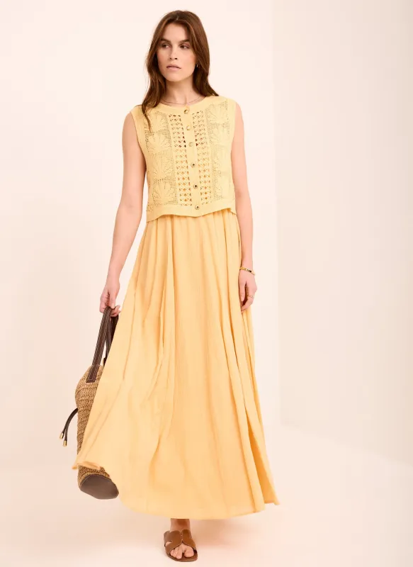 Yellow Cotton Blend Crochet Maxi Dress made by Mint Velvet