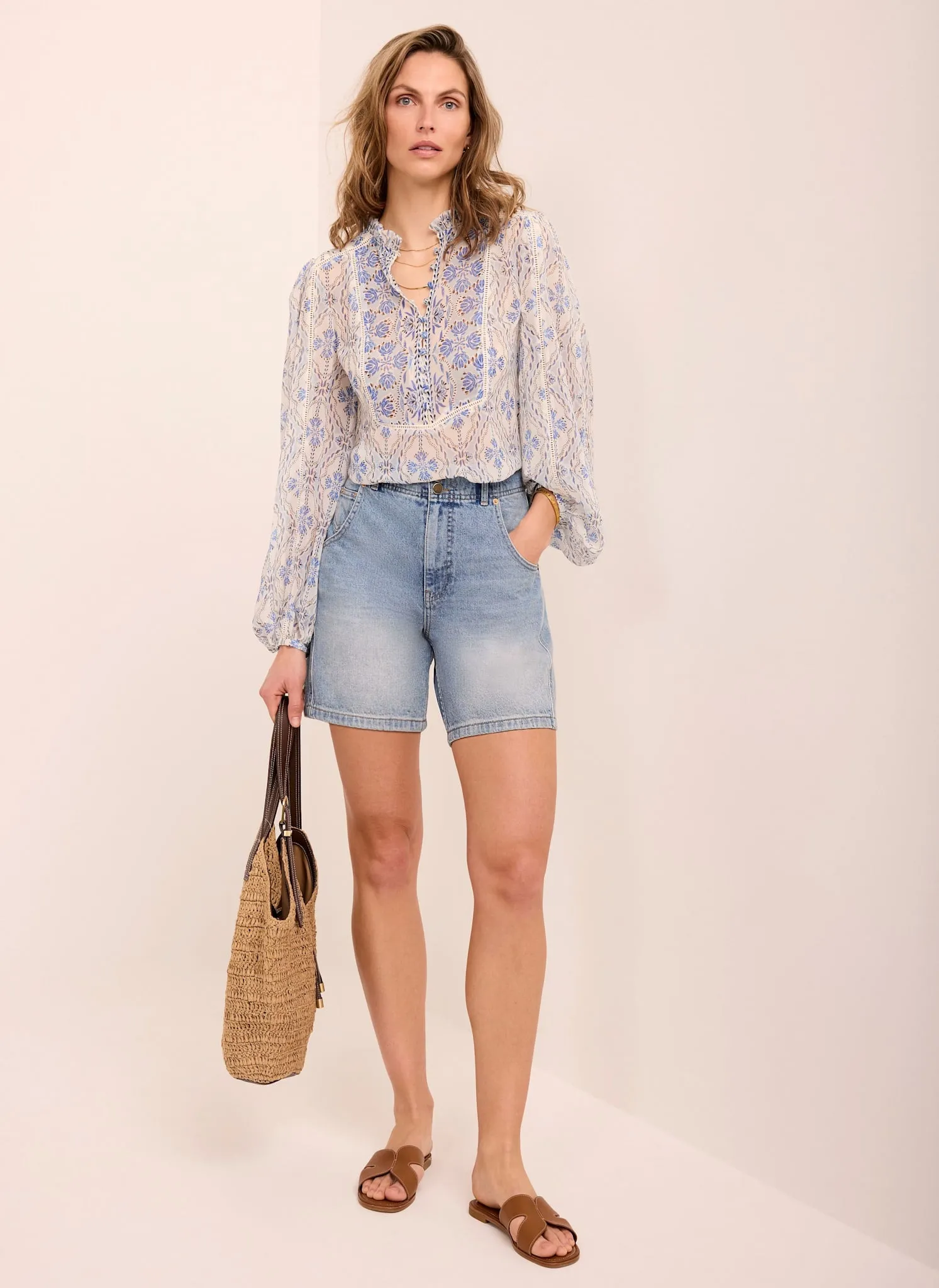 Blue Geo Print Ruffle Blouse sold by Mint Velvet product image thumbnail 5