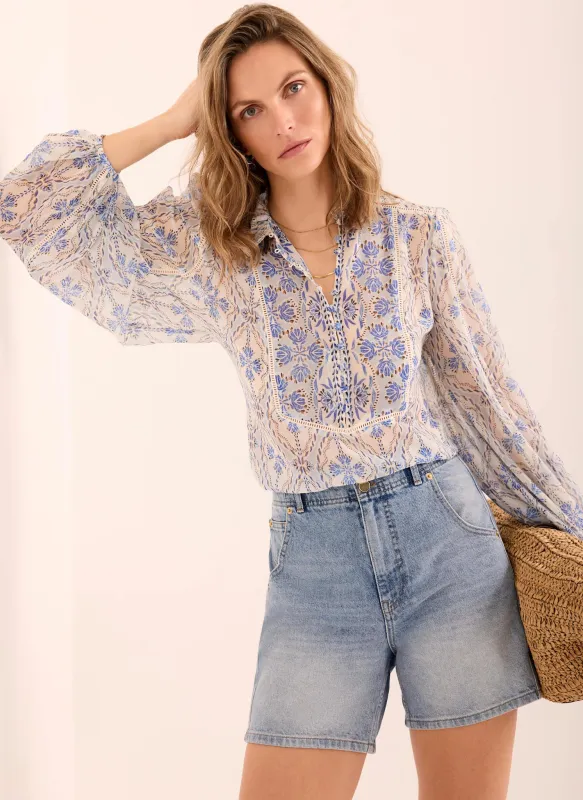 Blue Geo Print Ruffle Blouse made by Mint Velvet