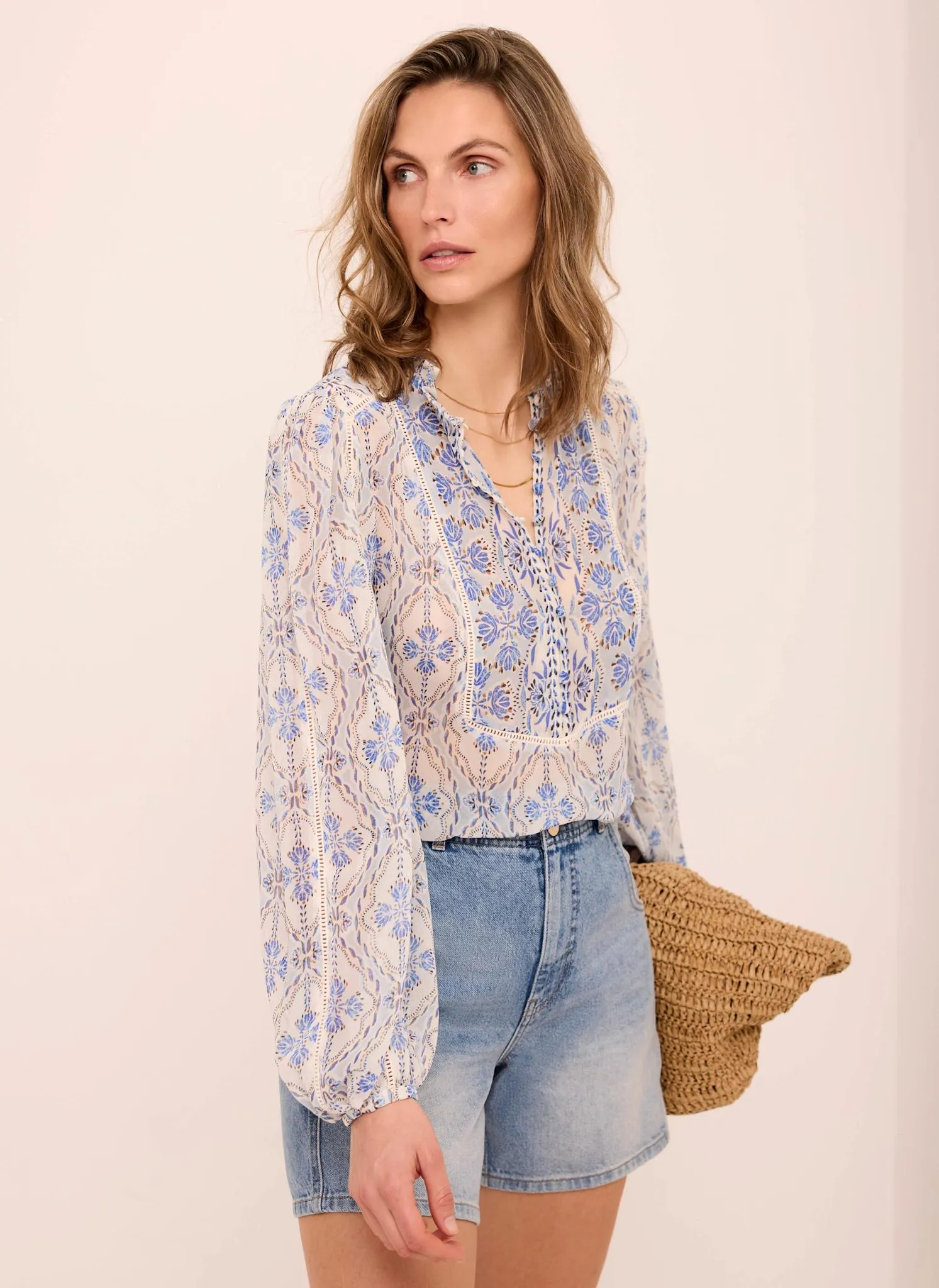 Blue Geo Print Ruffle Blouse sold by Mint Velvet product image thumbnail 2