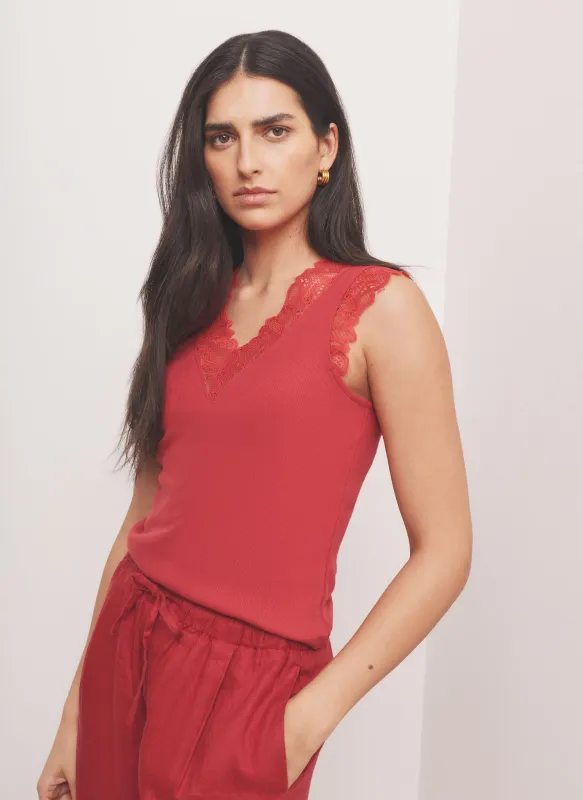 Red Cotton Blend Lace Detail Top made by Mint Velvet