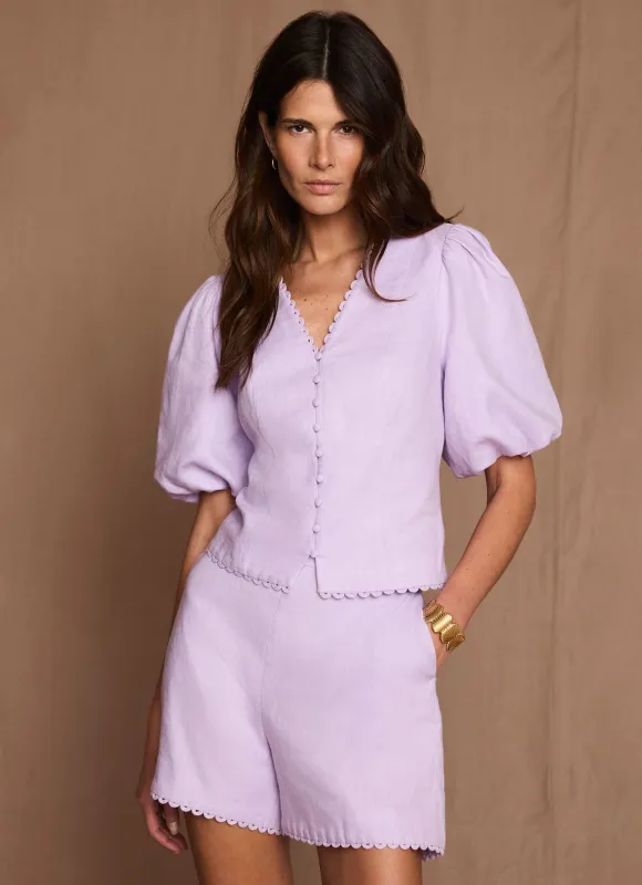 Lilac Linen Puff Sleeve Top made by Mint Velvet