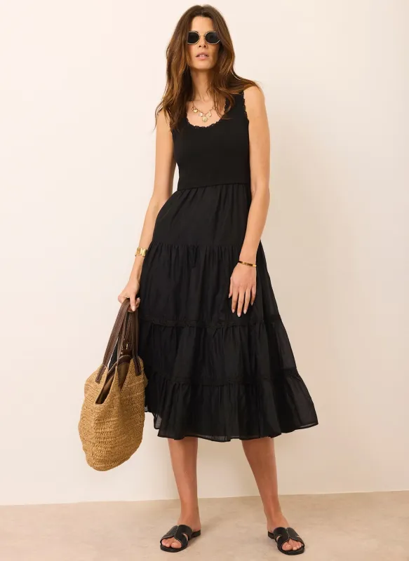 Black Crochet Trim Tiered Midi Dress made by Mint Velvet