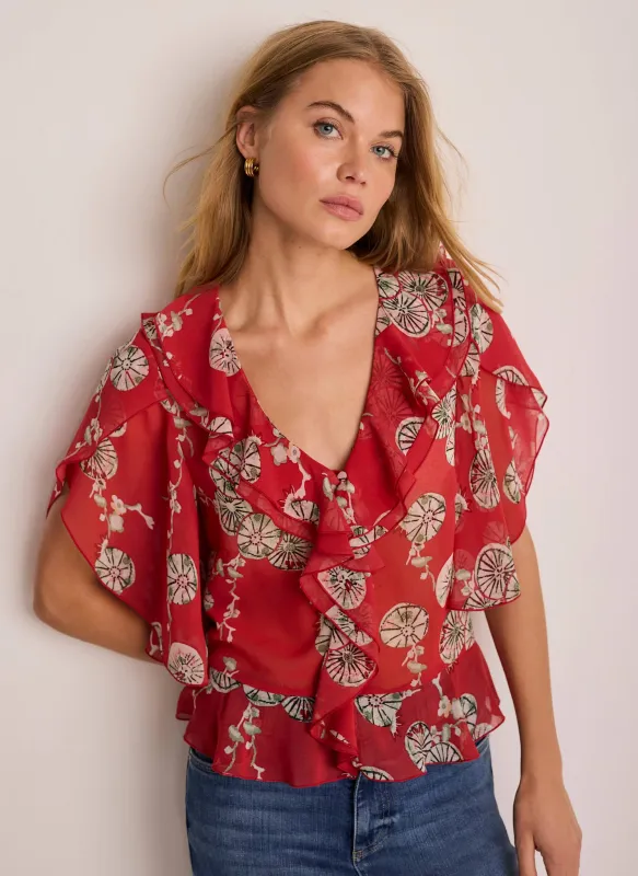 Red Printed Ruffle Blouse made by Mint Velvet