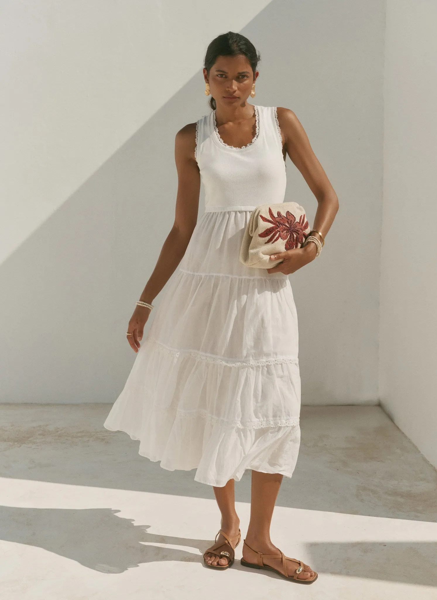 White Crochet Trim Tiered Midi Dress sold by Mint Velvet