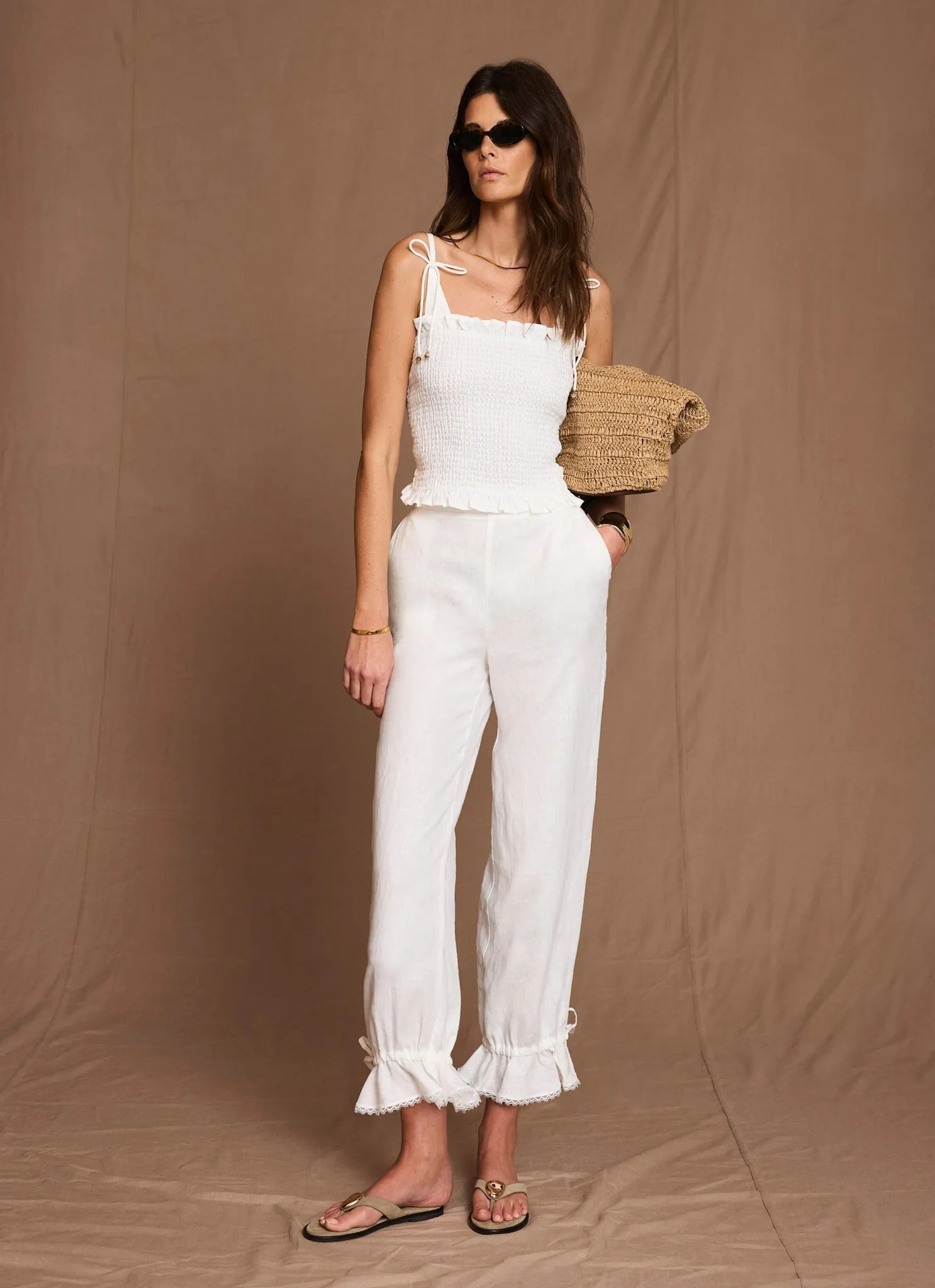 White Linen Ruffle Hem Cropped Trousers sold by Mint Velvet product image thumbnail 3