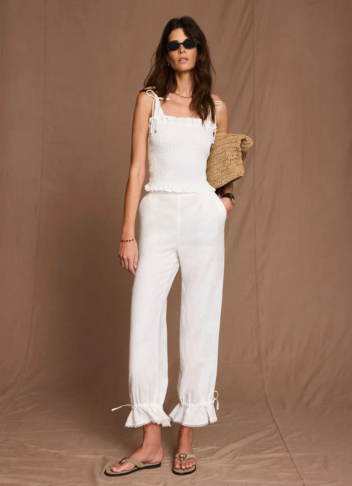 White Linen Ruffle Hem Cropped Trousers sold by Mint Velvet