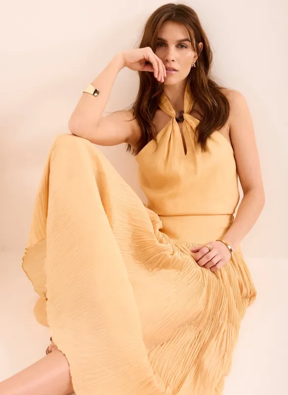 Yellow Drop Waist Crinkle Midi Skirt made by Mint Velvet