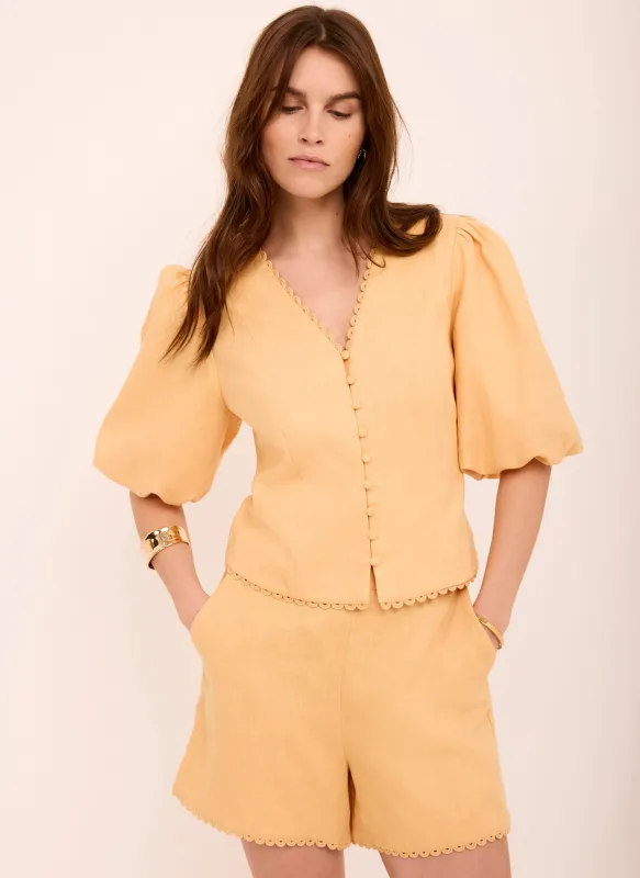 Yellow Linen Puff Sleeve Top made by Mint Velvet