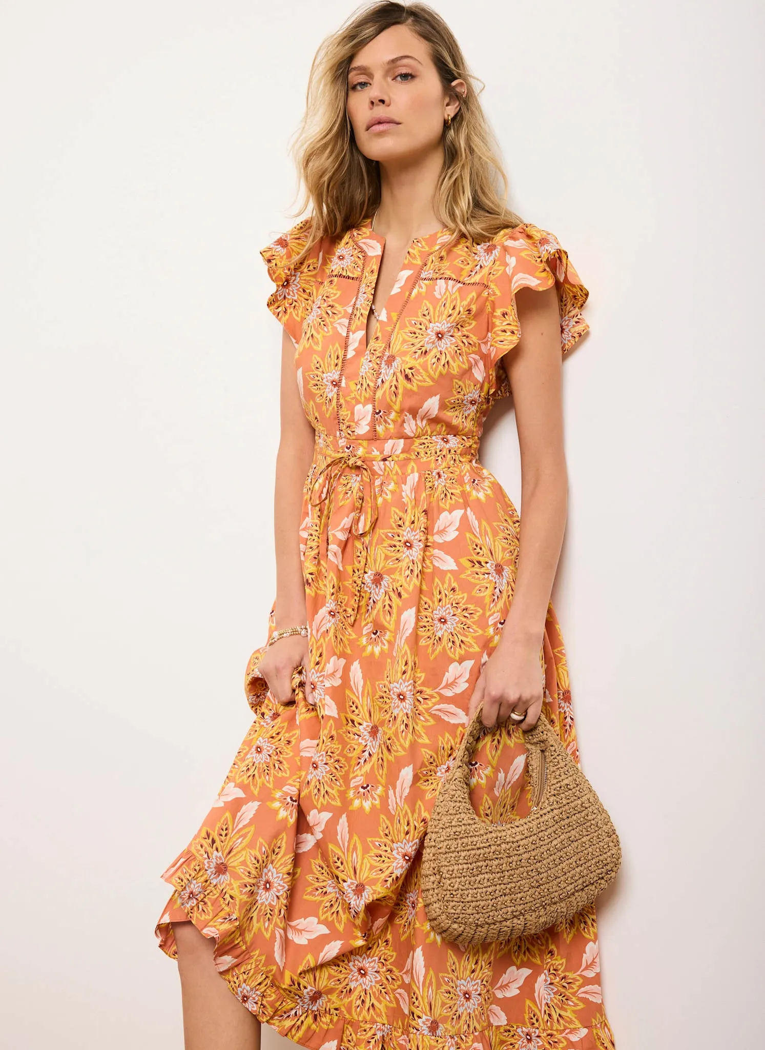 Orange Floral Print Cotton Midi Dress sold by Mint Velvet product image thumbnail 5