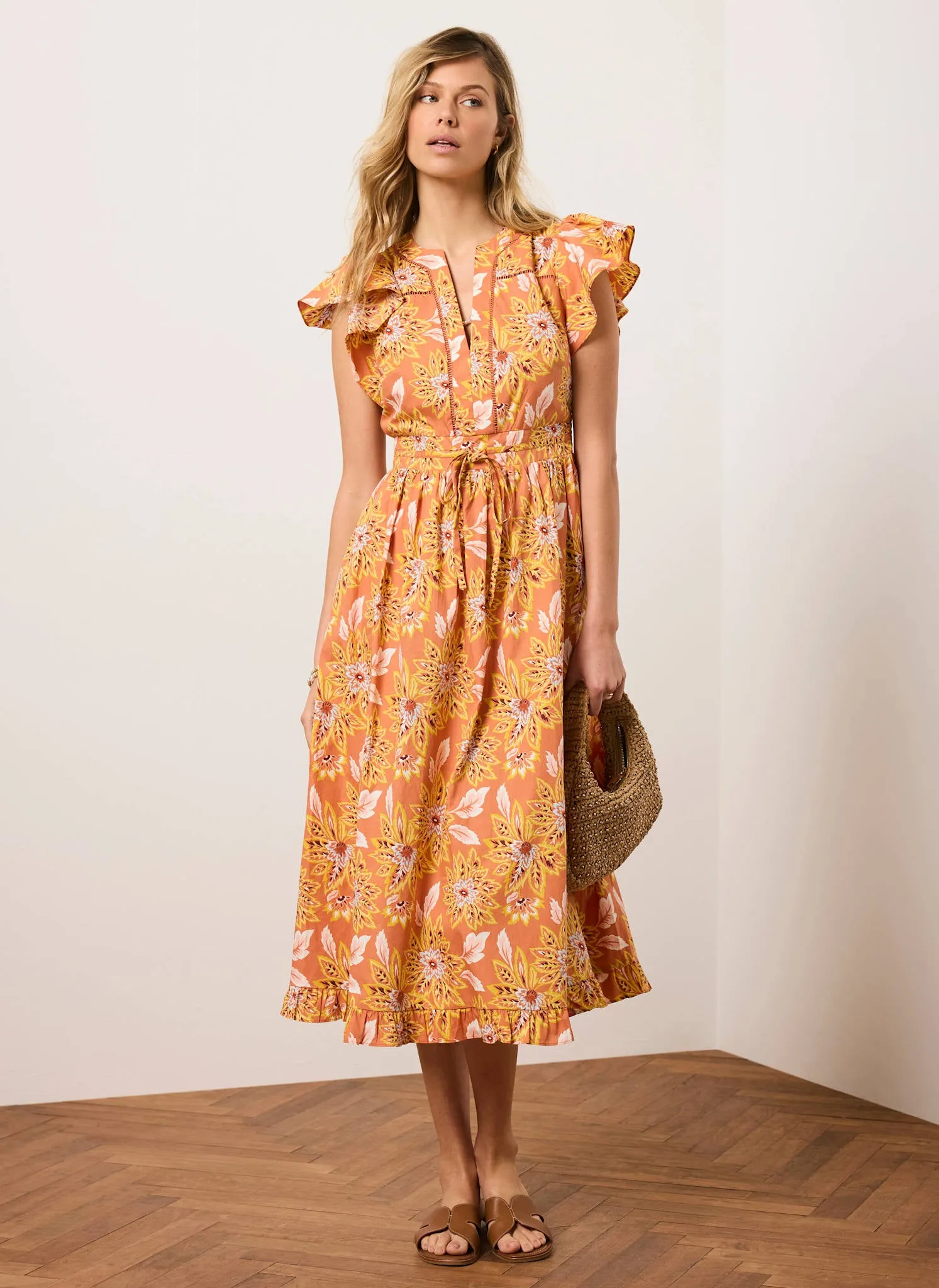 Orange Floral Print Cotton Midi Dress sold by Mint Velvet product image thumbnail 4
