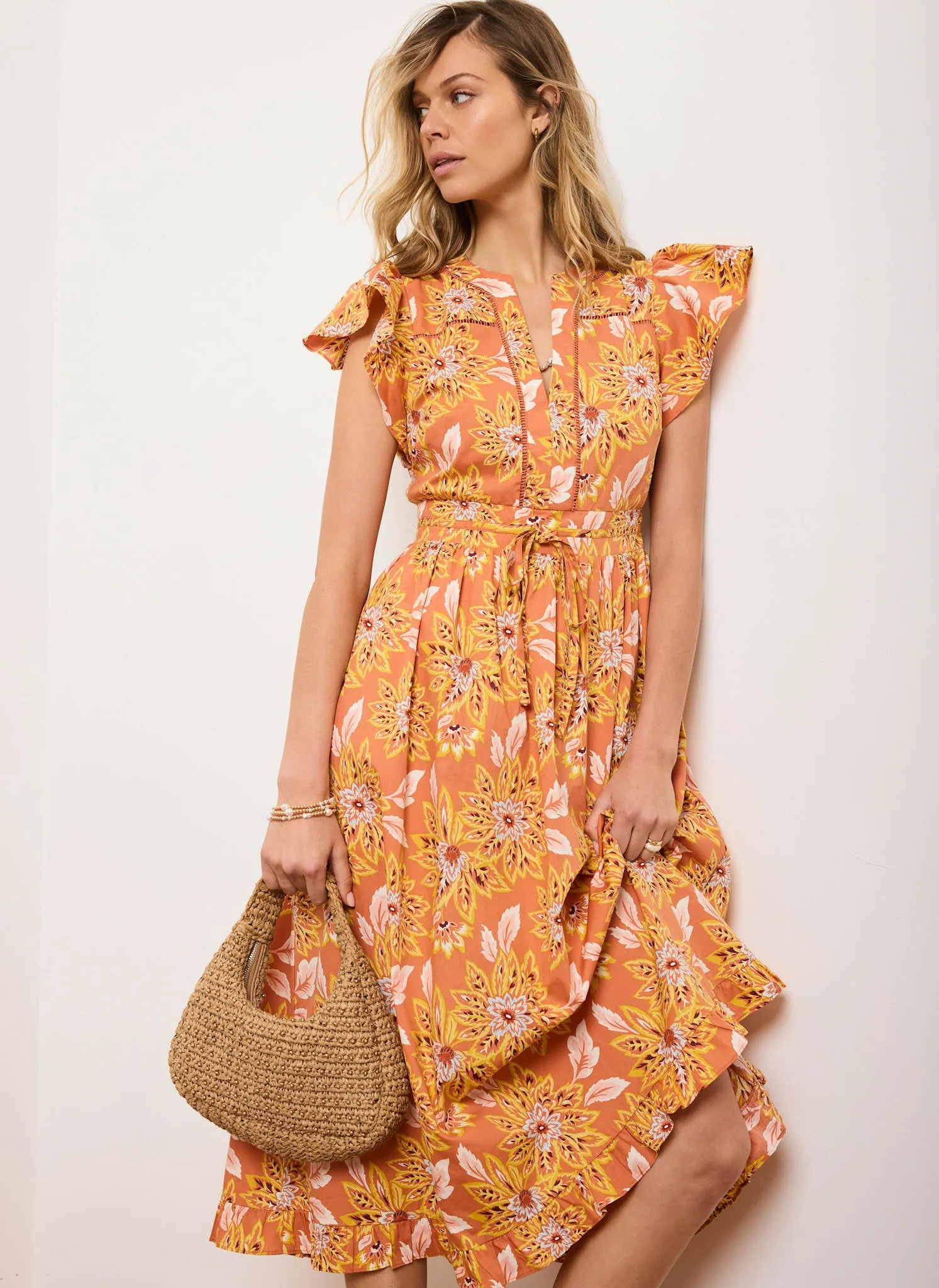 Orange Floral Print Cotton Midi Dress sold by Mint Velvet