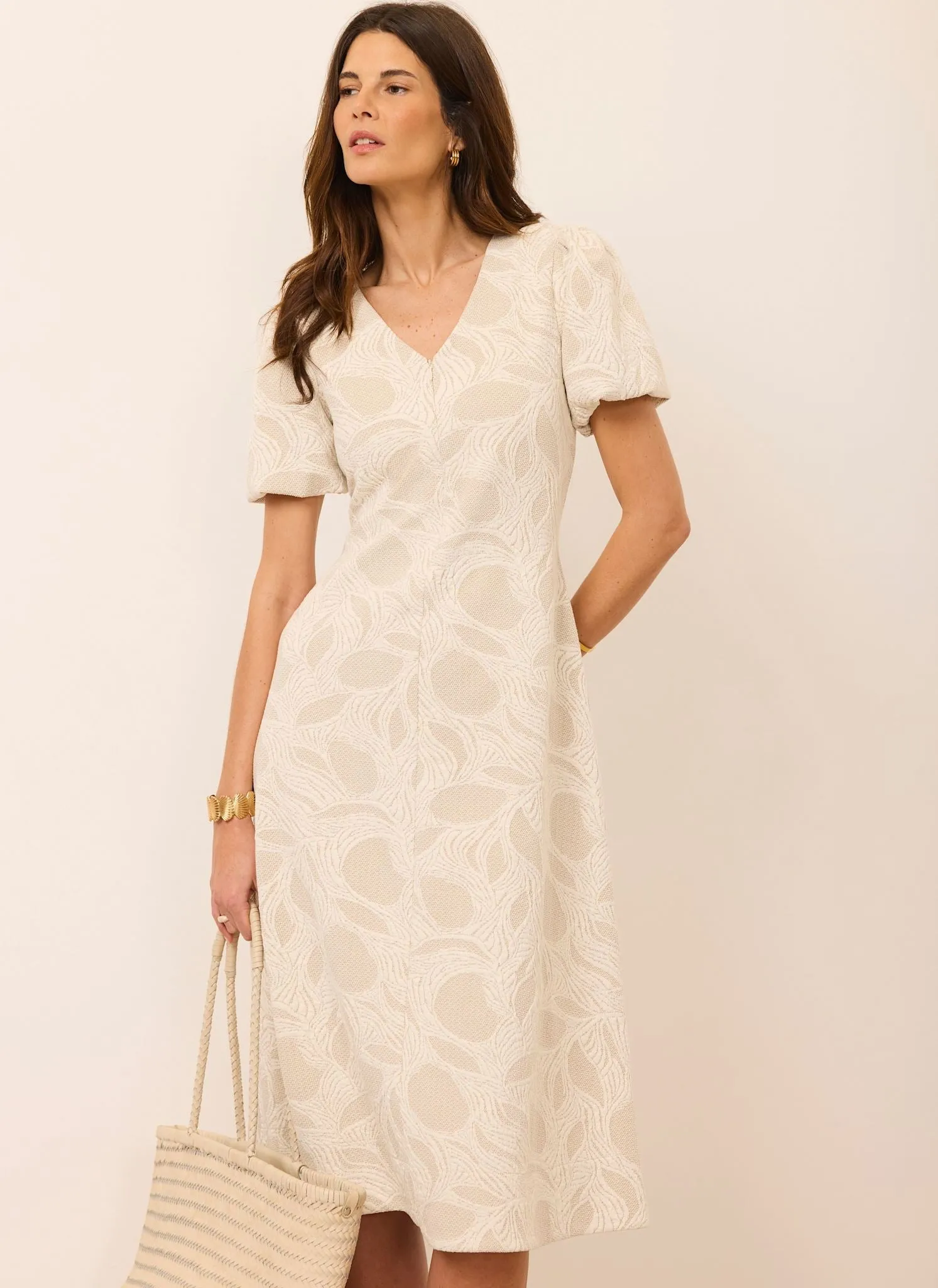 Neutral Jacquard Puff Sleeve Midi Dress sold by Mint Velvet product image thumbnail 2
