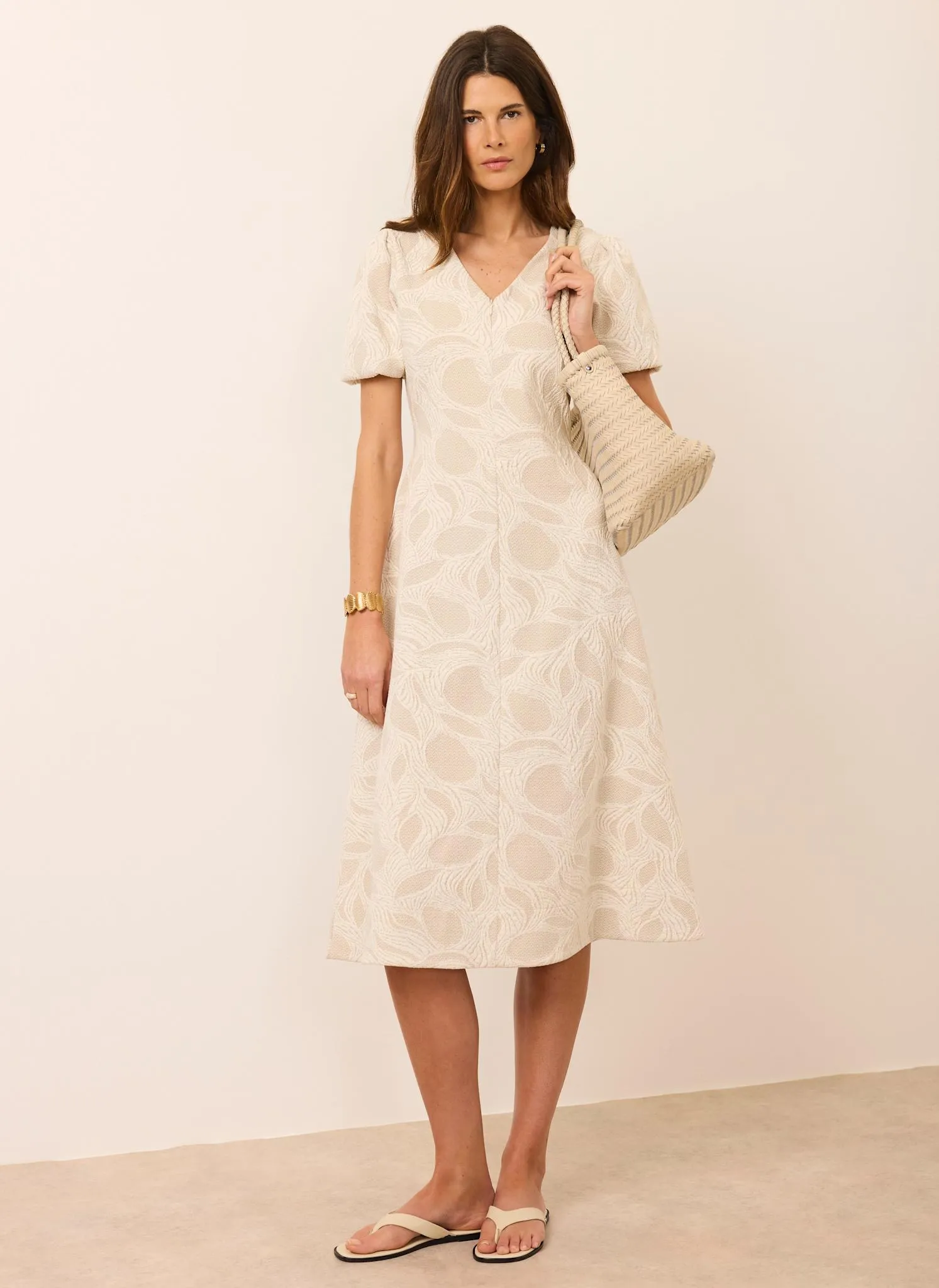 Neutral Jacquard Puff Sleeve Midi Dress sold by Mint Velvet product image thumbnail 3