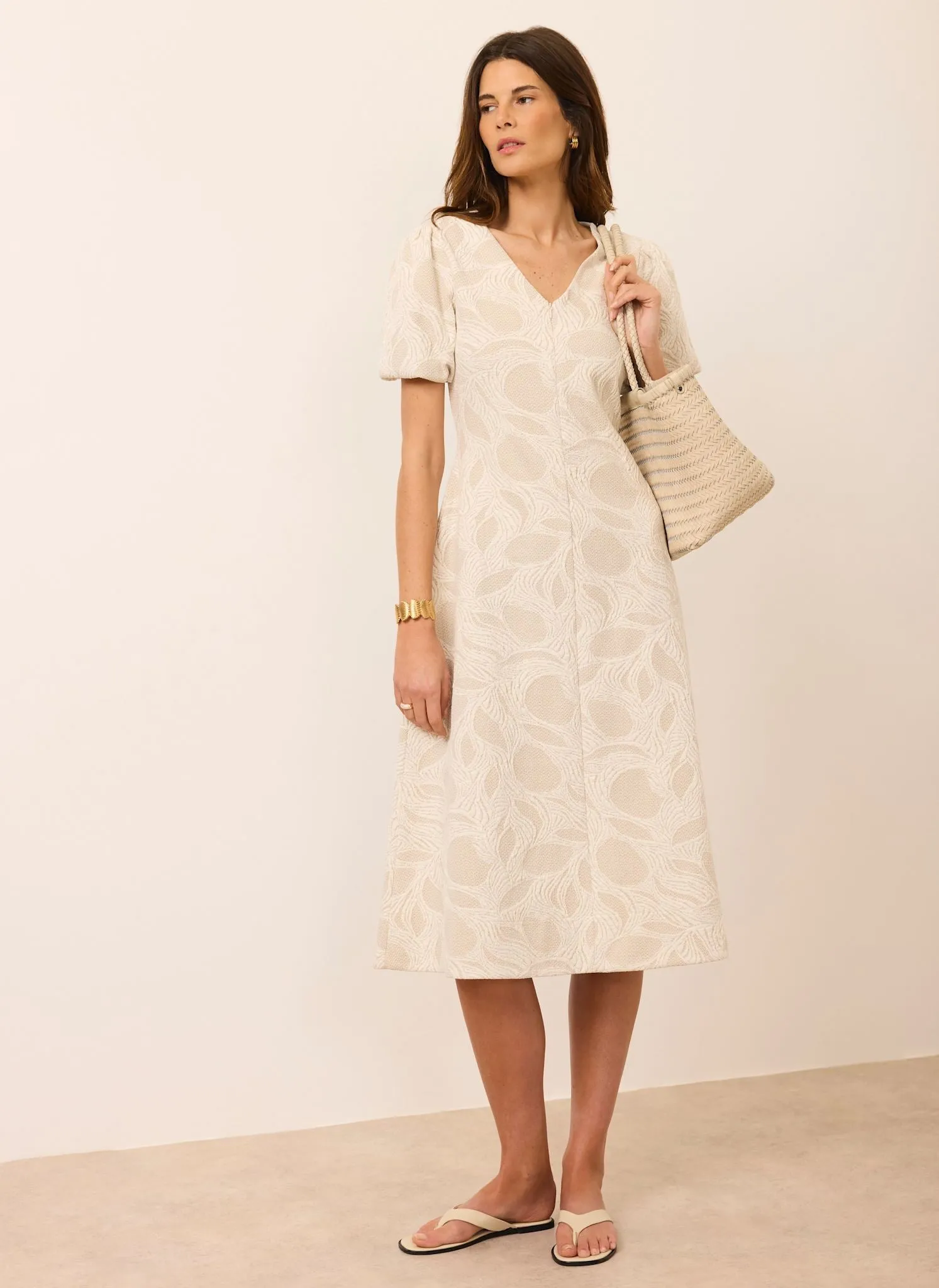 Neutral Jacquard Puff Sleeve Midi Dress sold by Mint Velvet