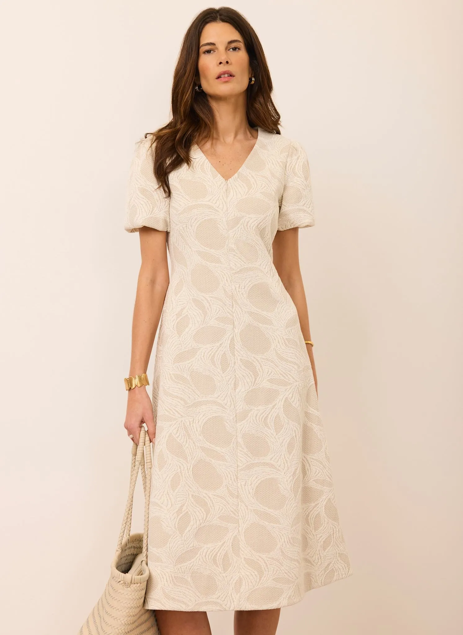 Neutral Jacquard Puff Sleeve Midi Dress sold by Mint Velvet product image thumbnail 4