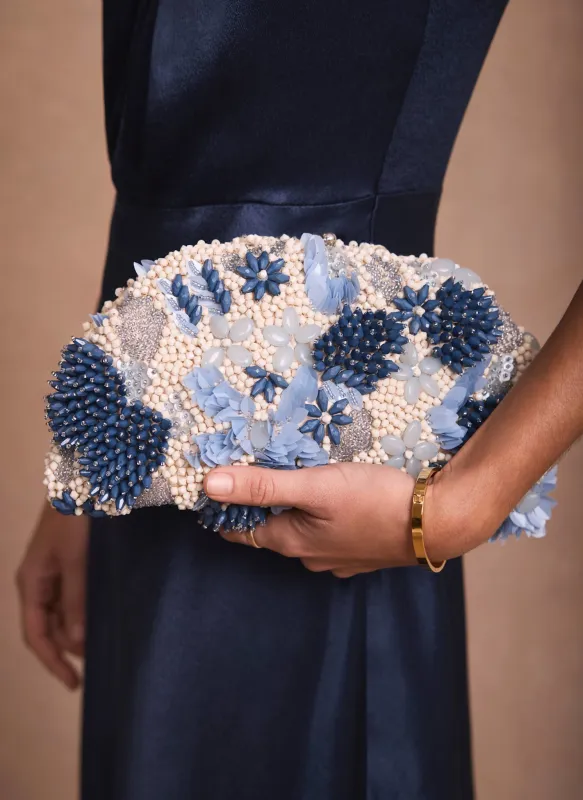 Ari Blue Beaded Clutch Bag made by Mint Velvet