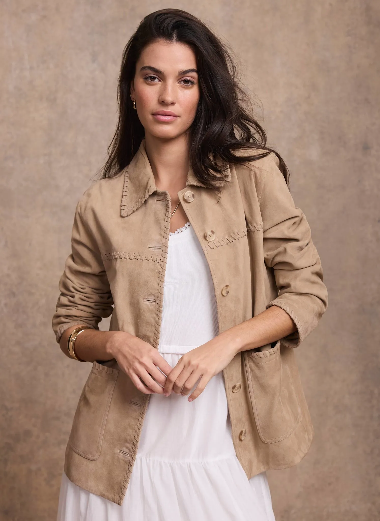 Neutral Suede Stitch Shacket sold by Mint Velvet