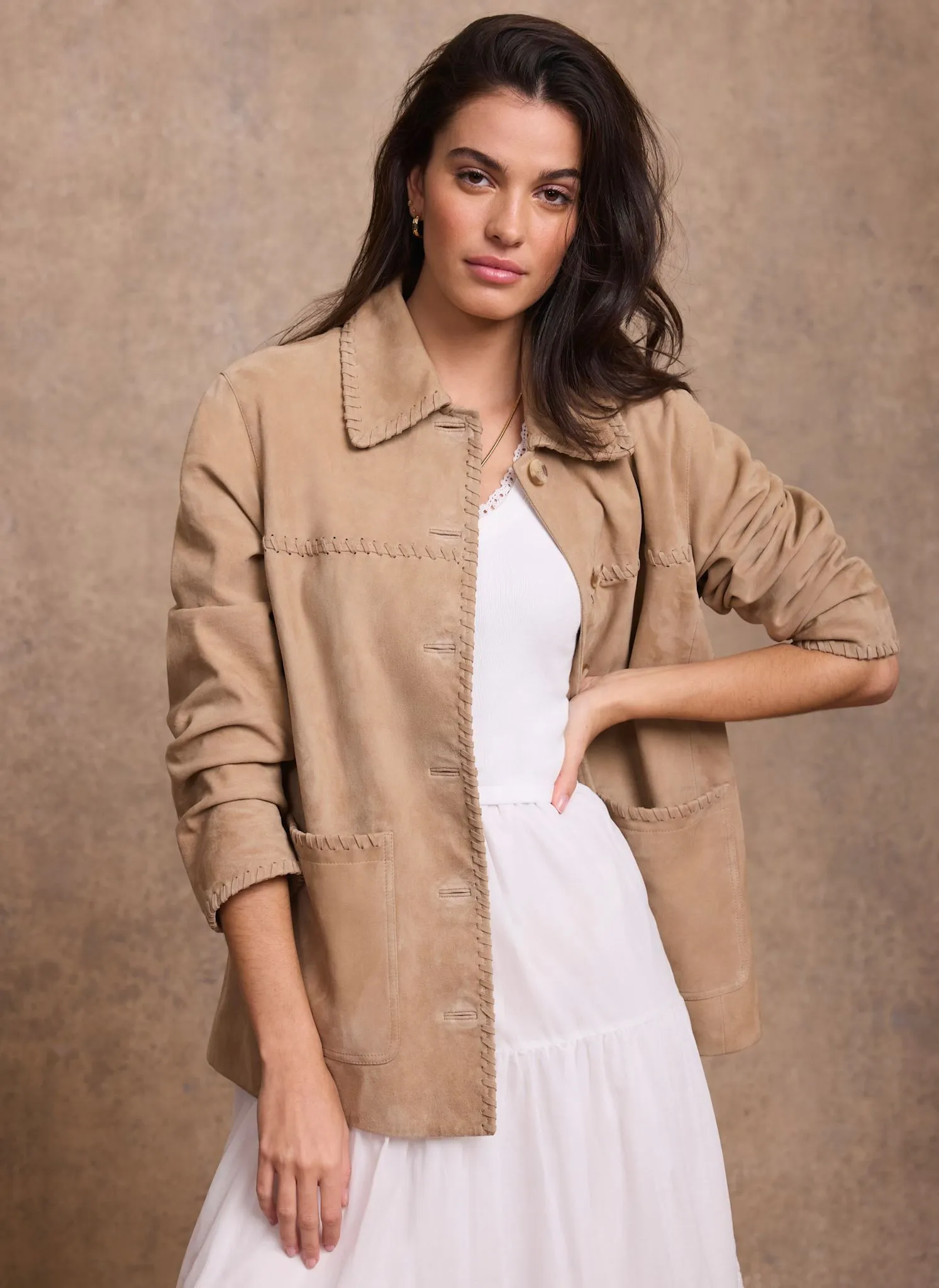 Neutral Suede Stitch Shacket sold by Mint Velvet product image thumbnail 3