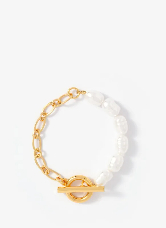 Gold Tone Chain & Pearl T-Bar Bracelet made by Mint Velvet
