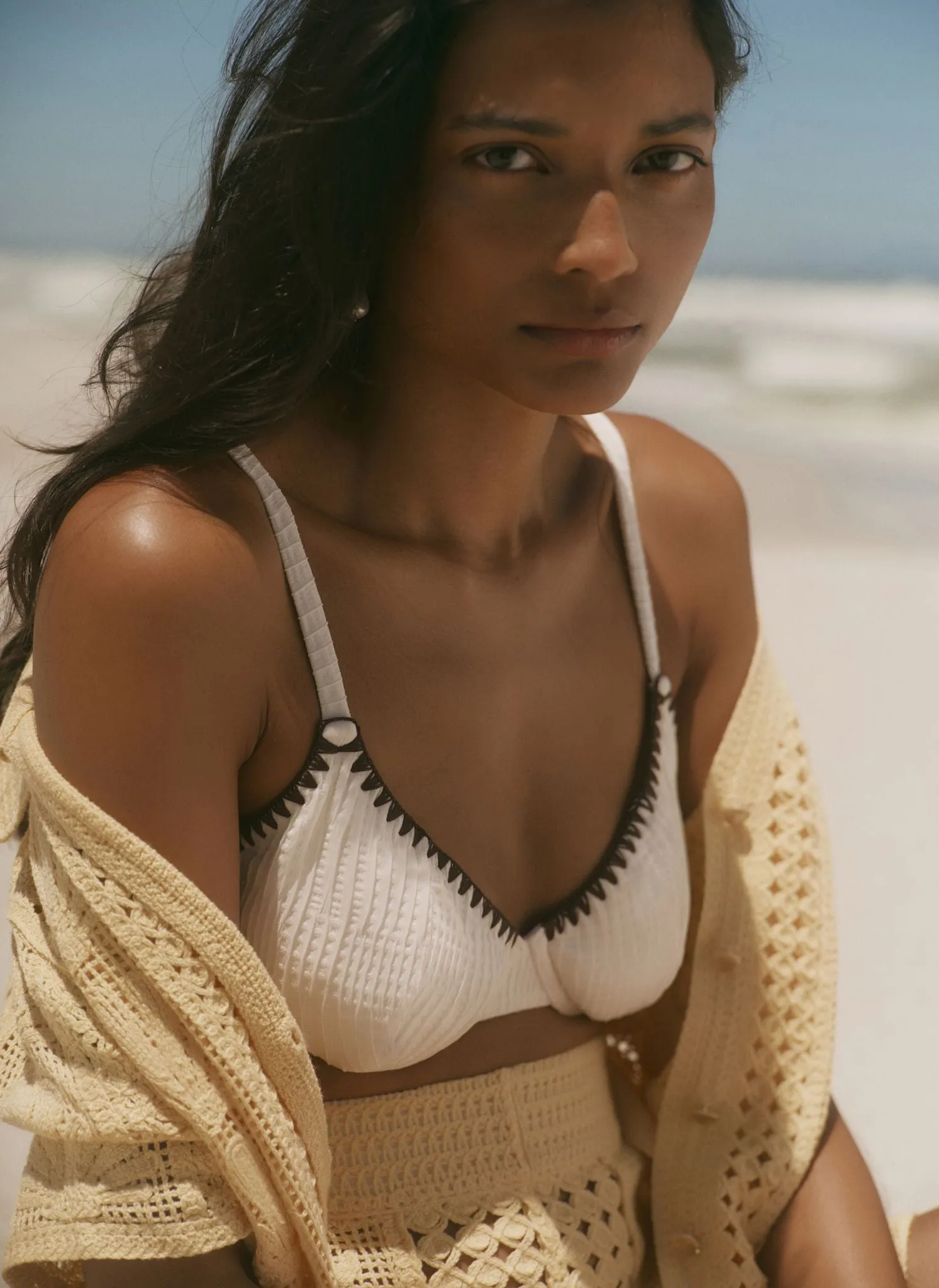 Cream Whipstitch Waffle Bikini Top sold by Mint Velvet