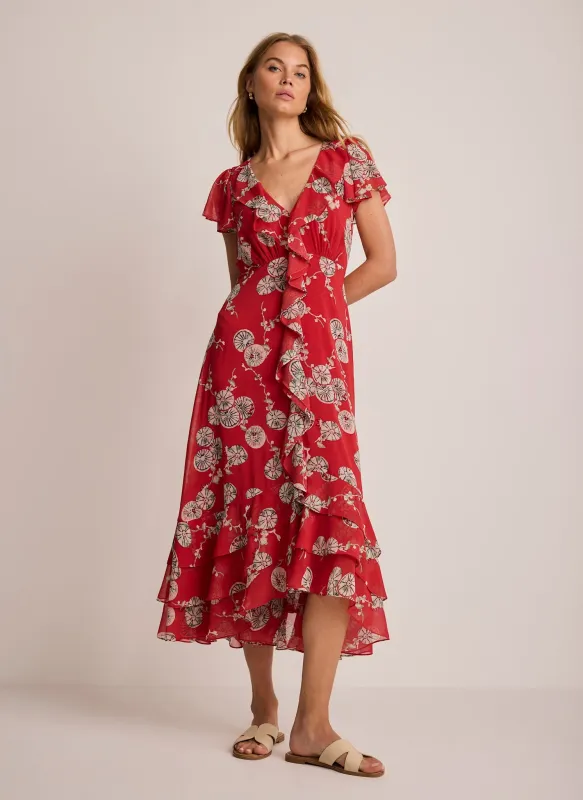 Red Floral Print Ruffle Midi Dress made by Mint Velvet