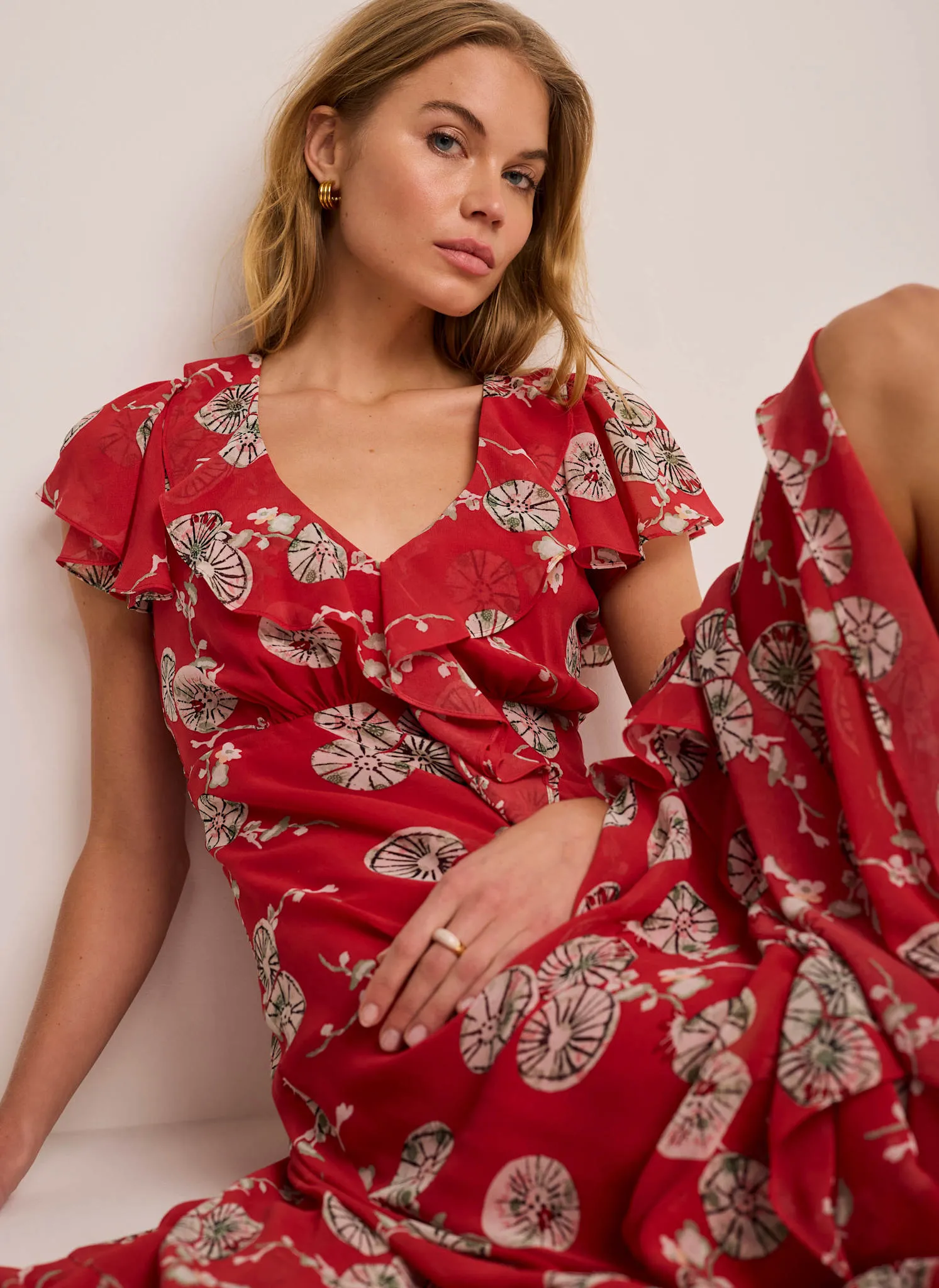 Red Floral Print Ruffle Midi Dress sold by Mint Velvet product image thumbnail 2