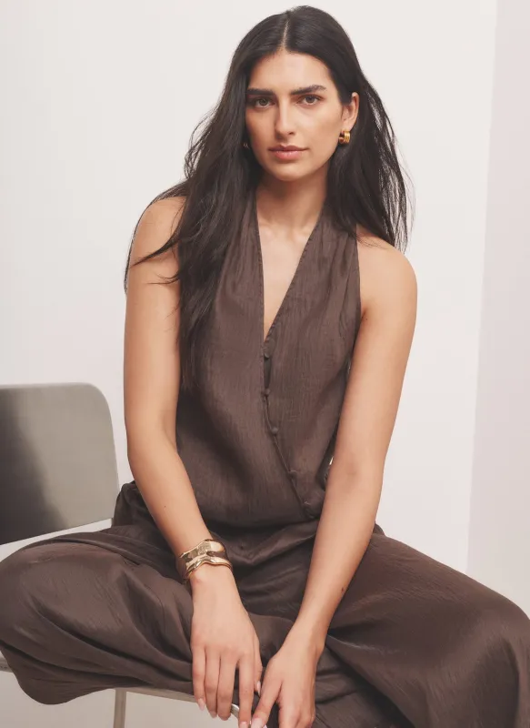 Brown Linen Blend Halter Top made by Mint Velvet