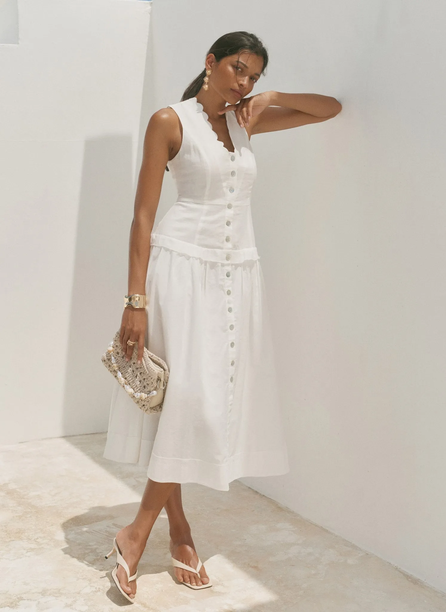 White Ramie Drop Waist Midi Dress sold by Mint Velvet