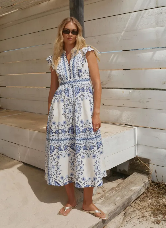 Blue Cotton Print Scallop Trim Midi Dress made by Mint Velvet